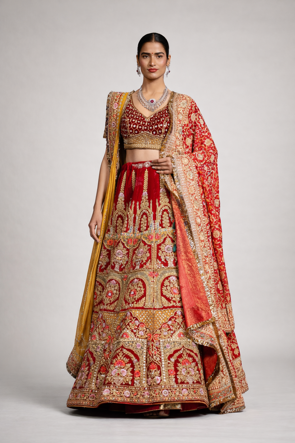 Royal Crimson Bridal Lehenga Set with Zardozi Embroidery & Heritage Dupatta