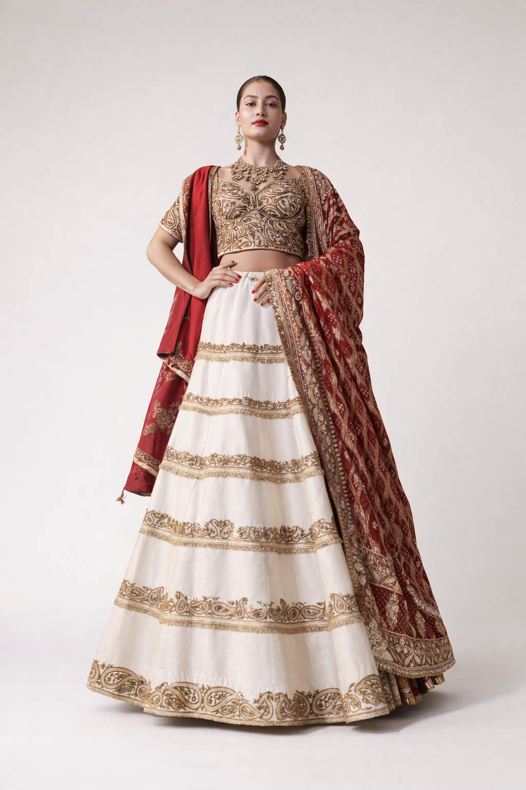 Ivory & Gold Embroidered Lehenga Set with Red Dupatta