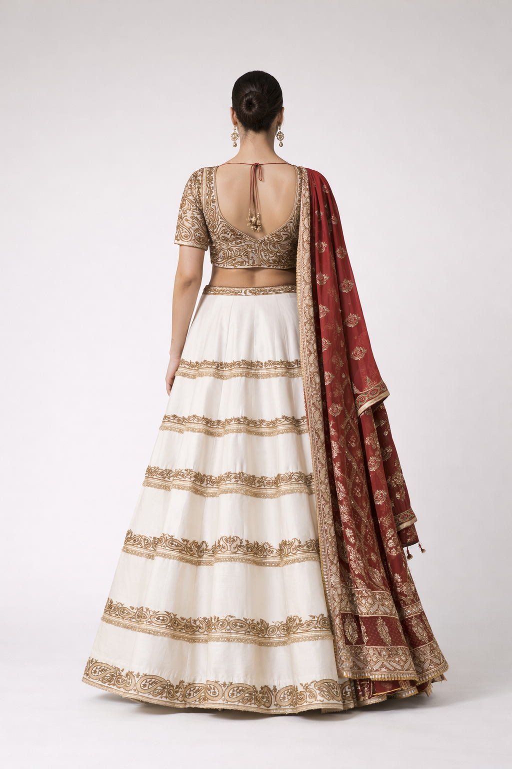 Ivory & Gold Embroidered Lehenga Set with Red Dupatta
