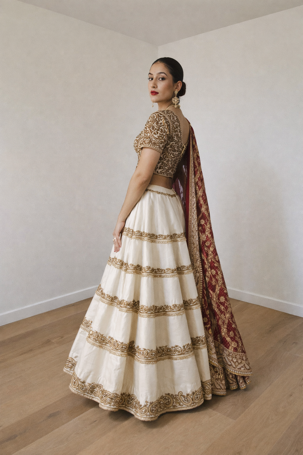 Ivory & Gold Embroidered Lehenga Set with Red Dupatta