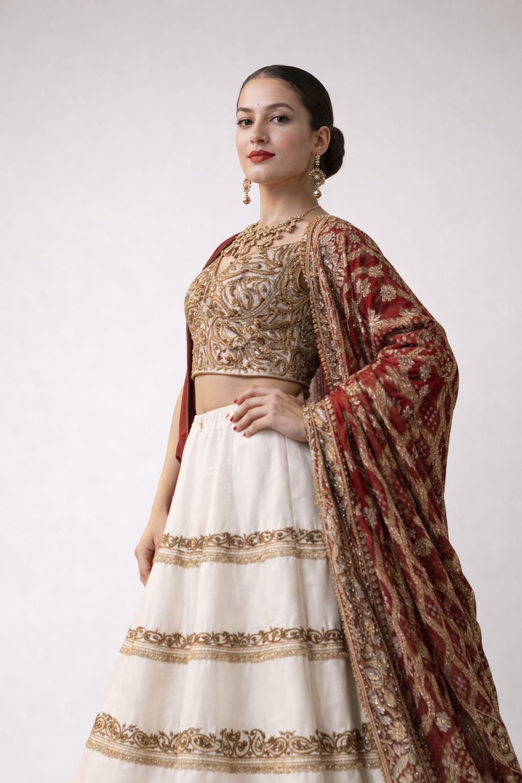 Ivory & Gold Embroidered Lehenga Set with Red Dupatta