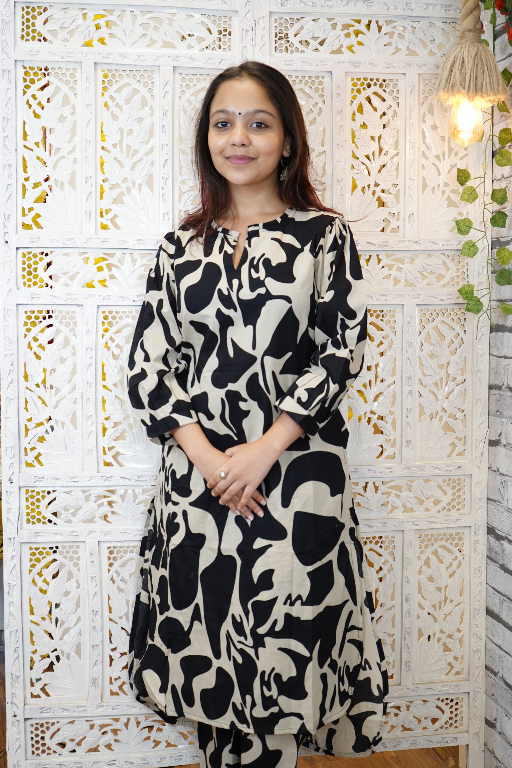 Abstract Print Black & White Cotton Coord Set with Puffy Sleeves – Contemporary Ethnic Style Description: