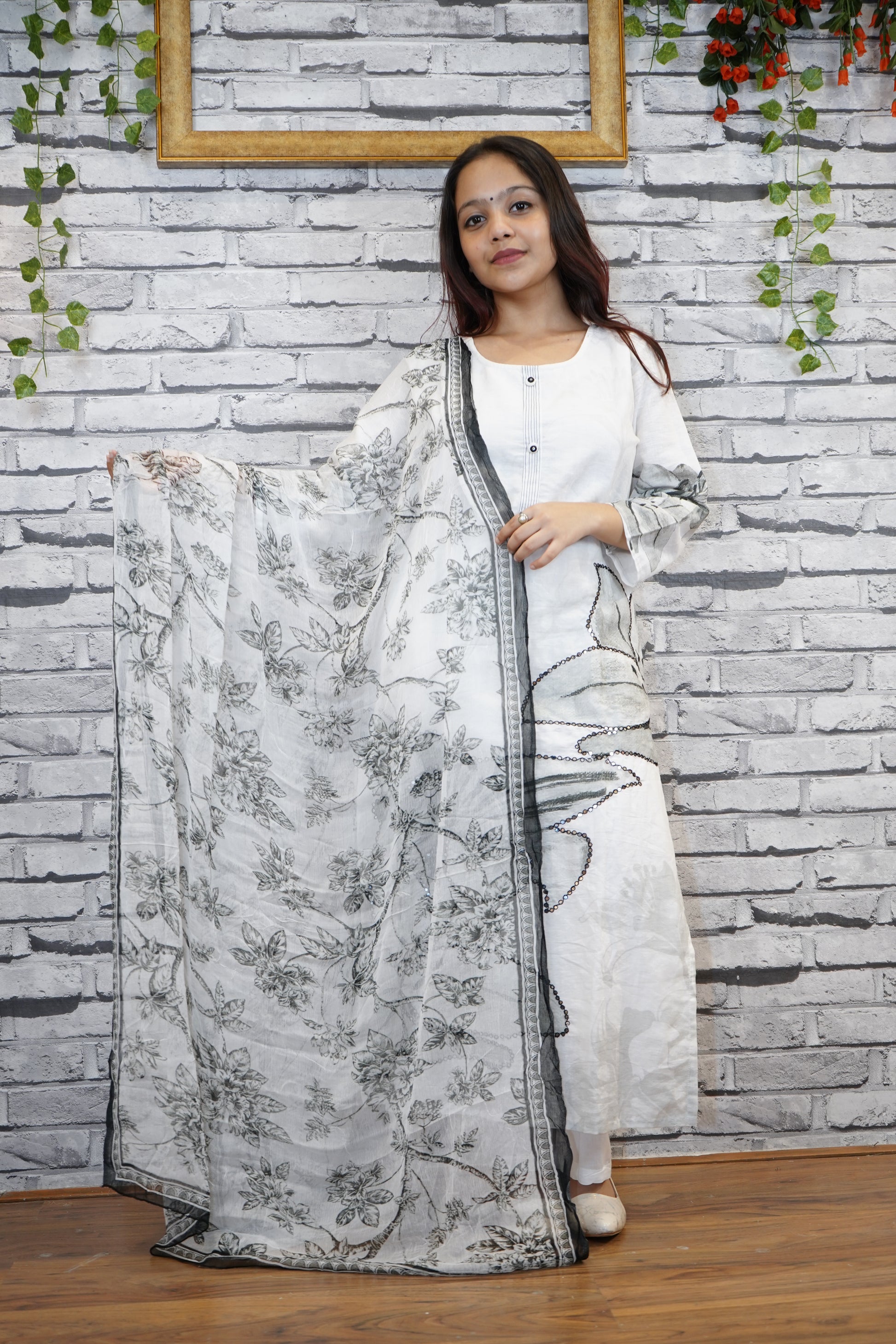 White Cotton Floral Suit Set with Subtle Sequin Detailing