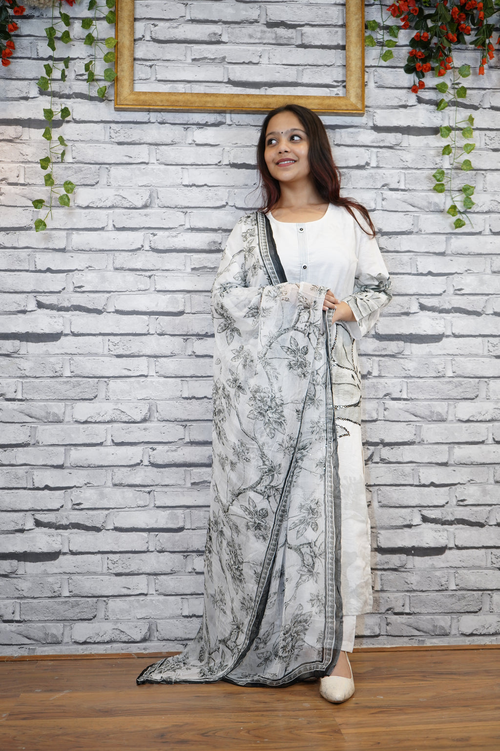 White Cotton Floral Suit Set with Subtle Sequin Detailing