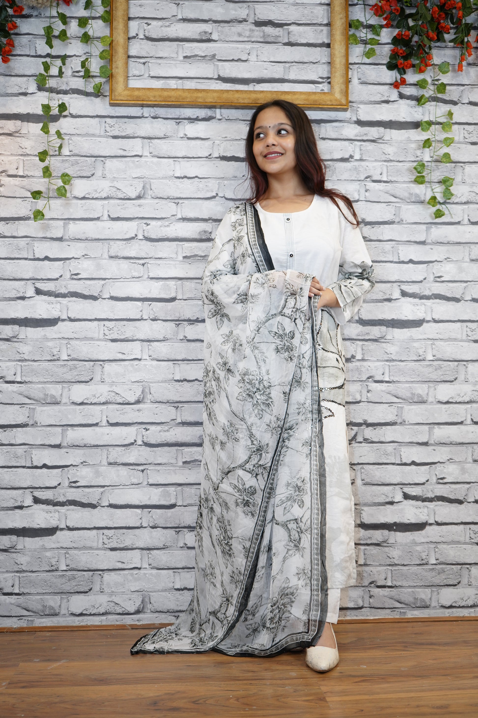 White Cotton Floral Suit Set with Subtle Sequin Detailing