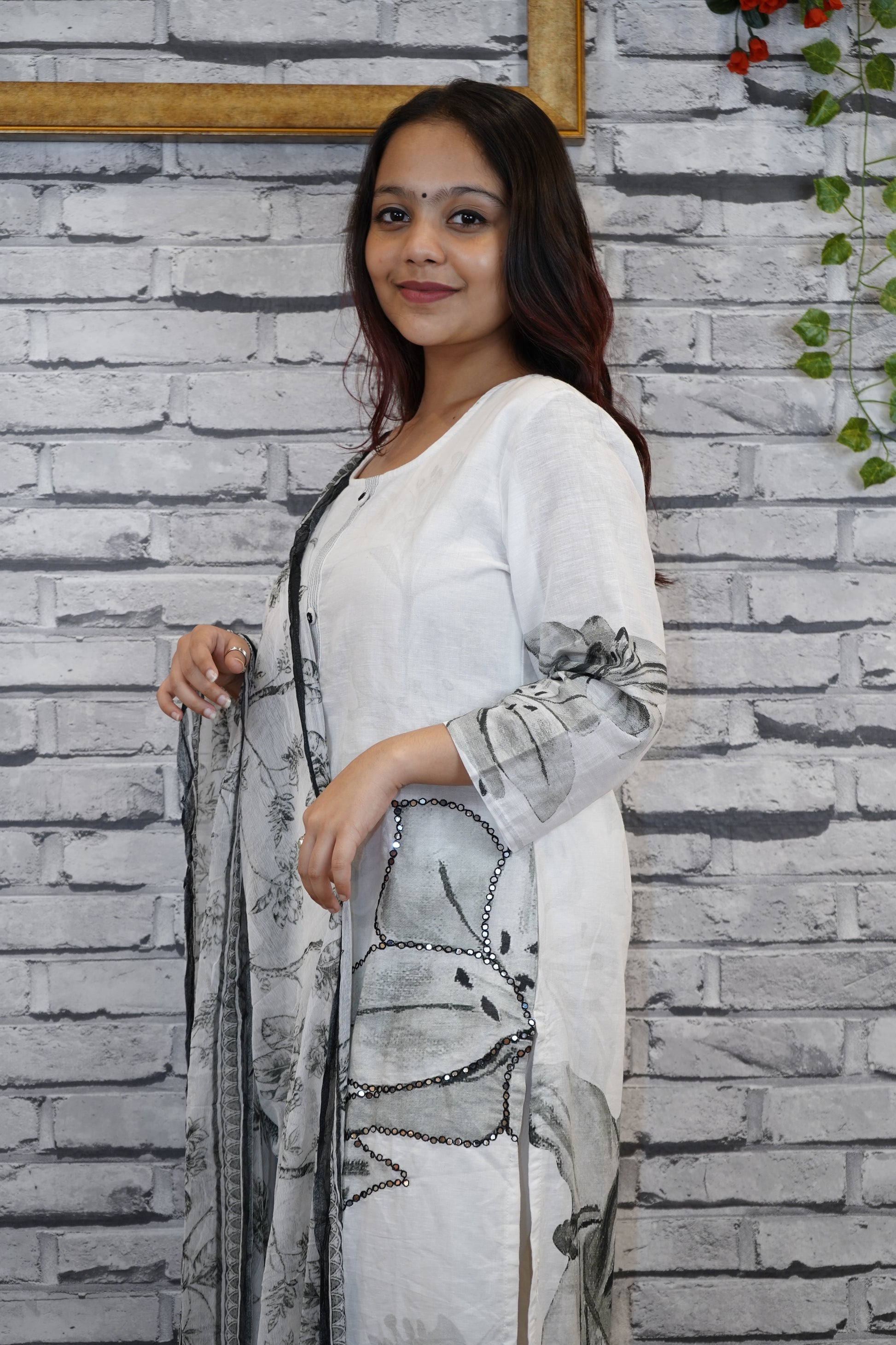 White Cotton Floral Suit Set with Subtle Sequin Detailing