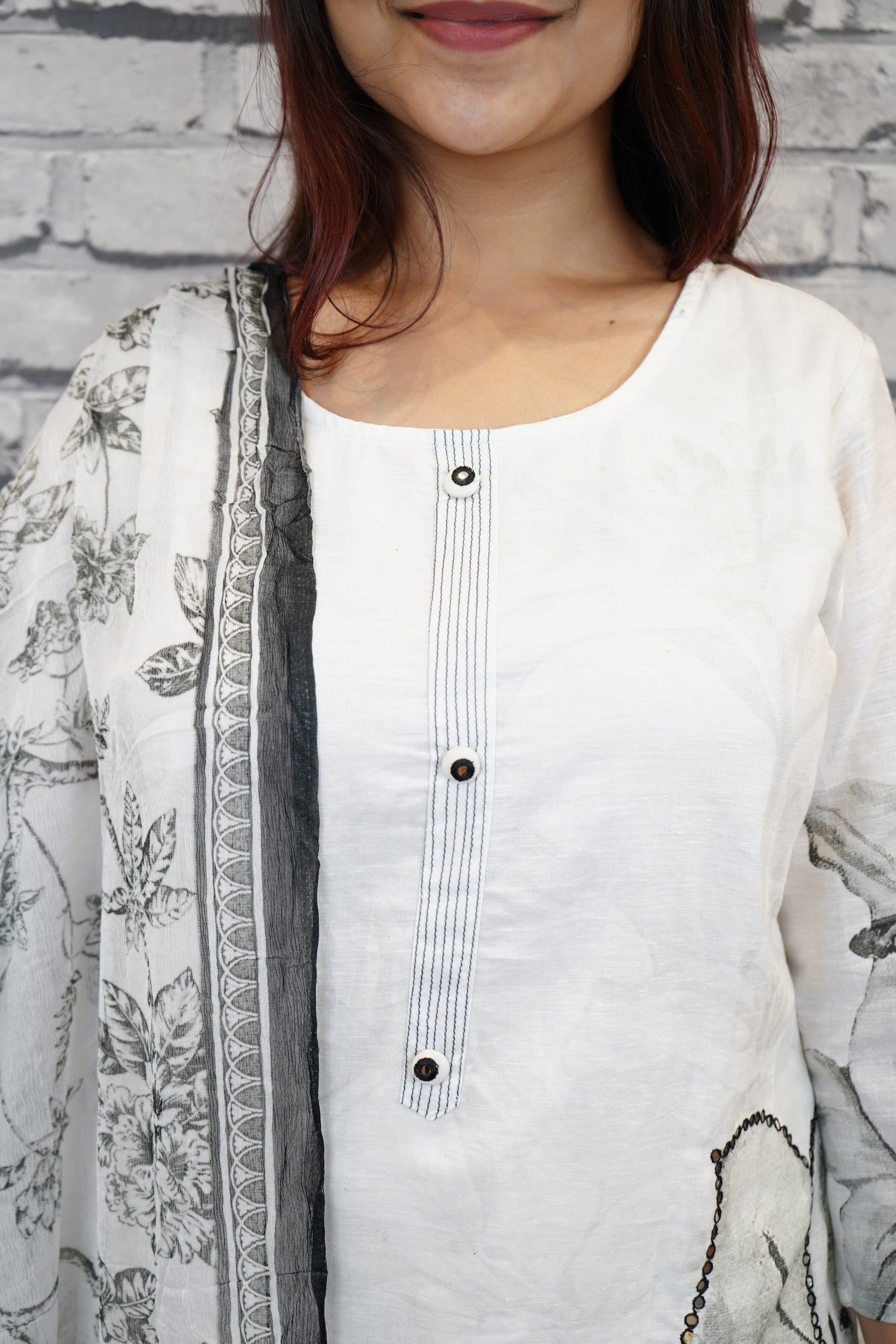 White Cotton Floral Suit Set with Subtle Sequin Detailing