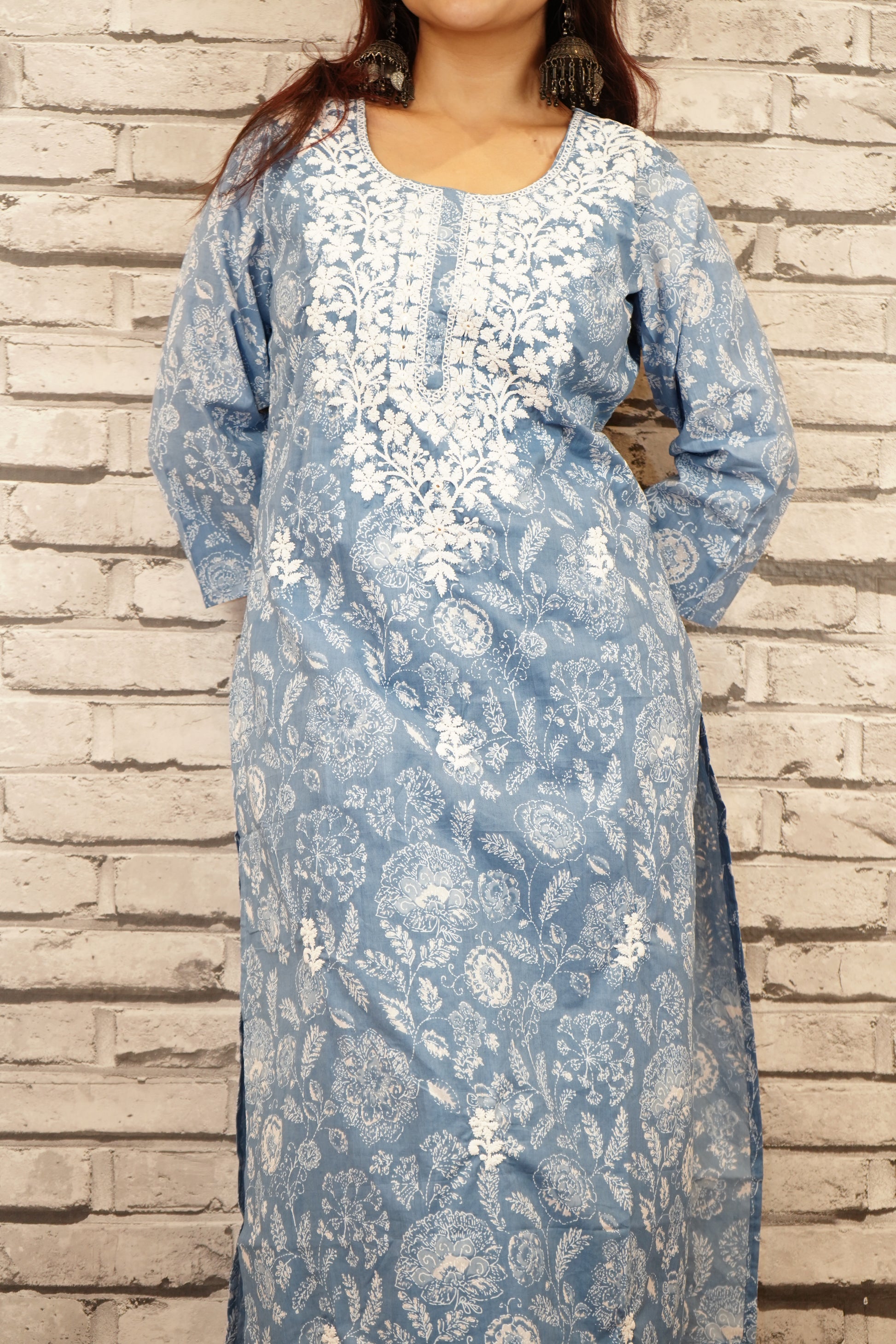 Aqua Blue Pure Cotton Suit Set, Thread Work on Neckline