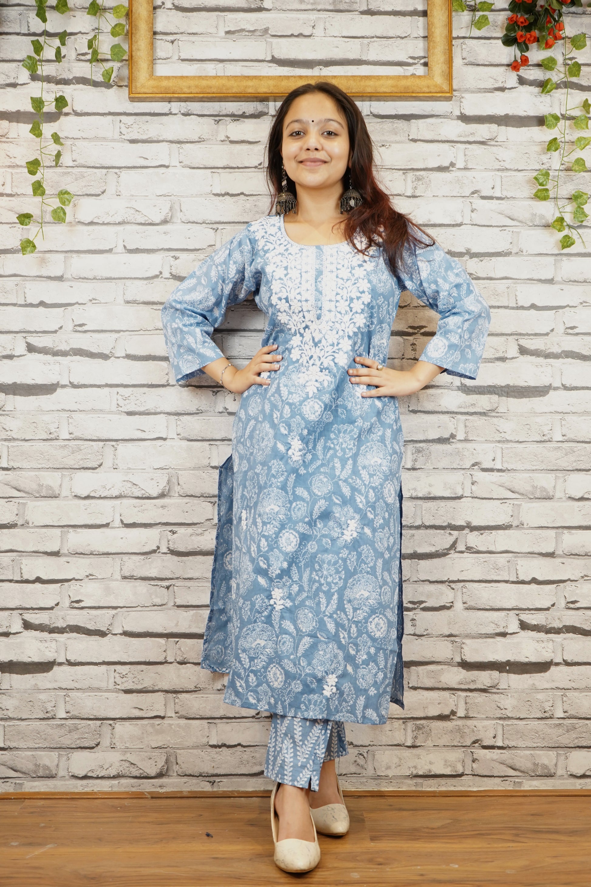 Aqua Blue Pure Cotton Suit Set, Thread Work on Neckline
