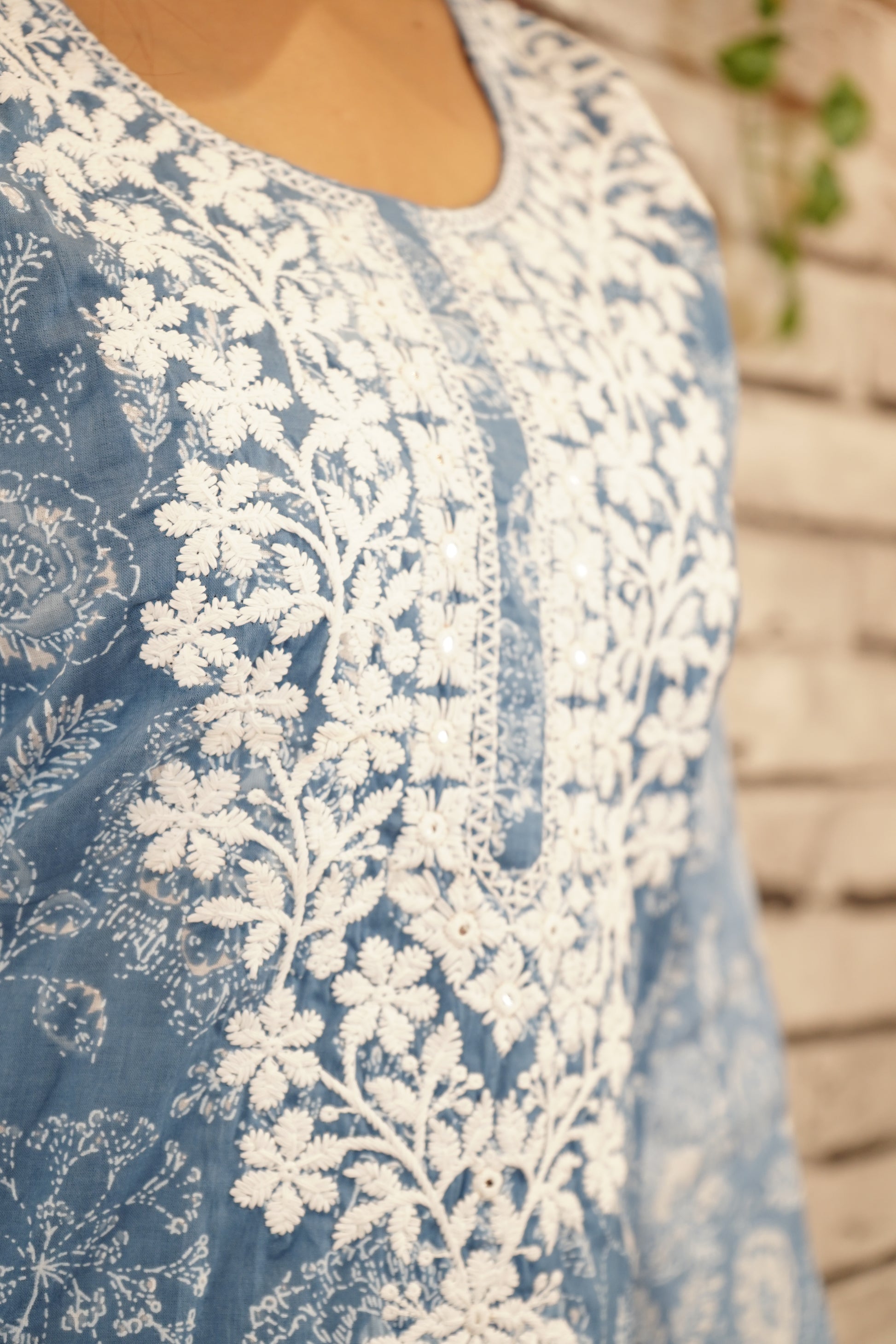 Aqua Blue Pure Cotton Suit Set, Thread Work on Neckline