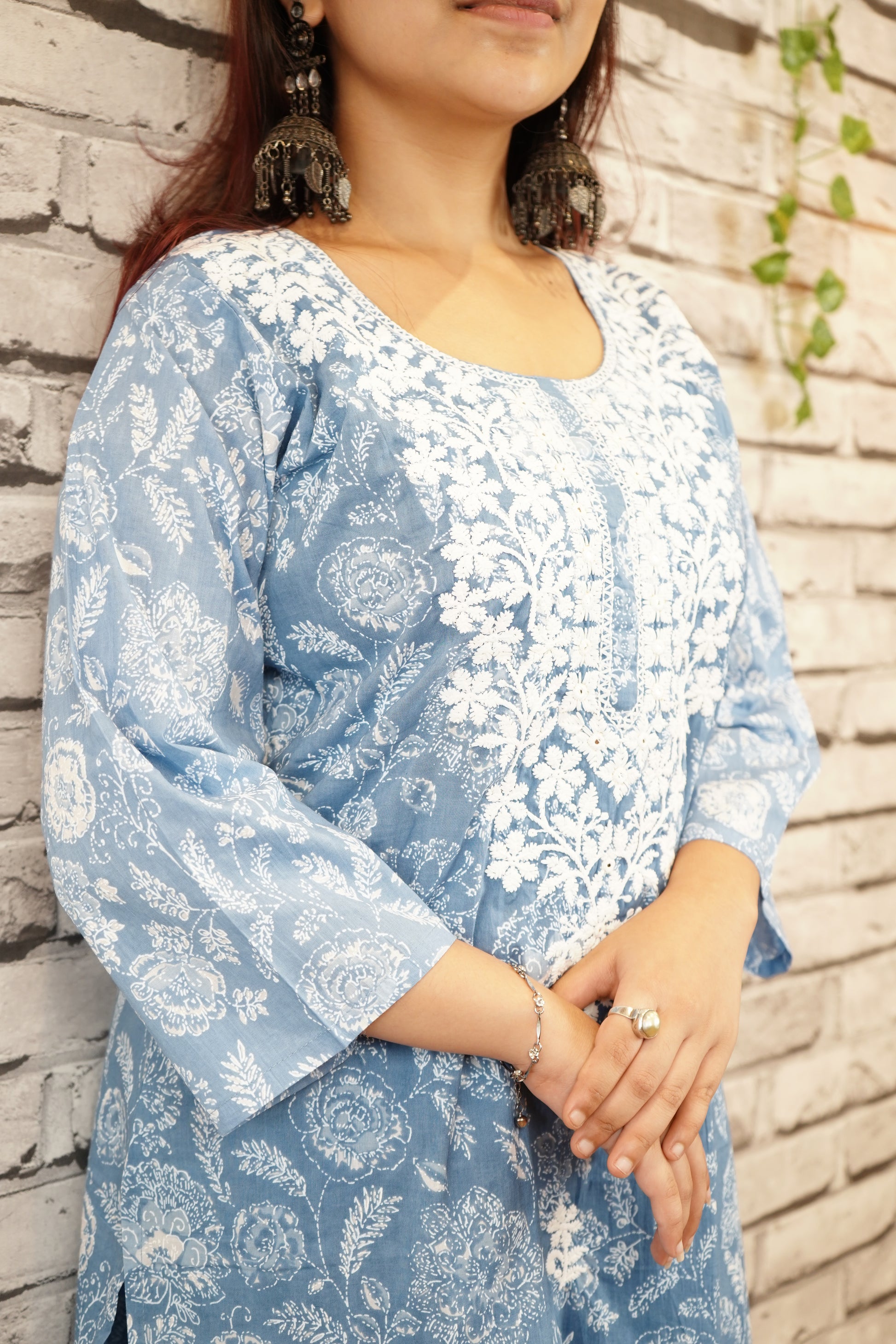 Aqua Blue Pure Cotton Suit Set, Thread Work on Neckline