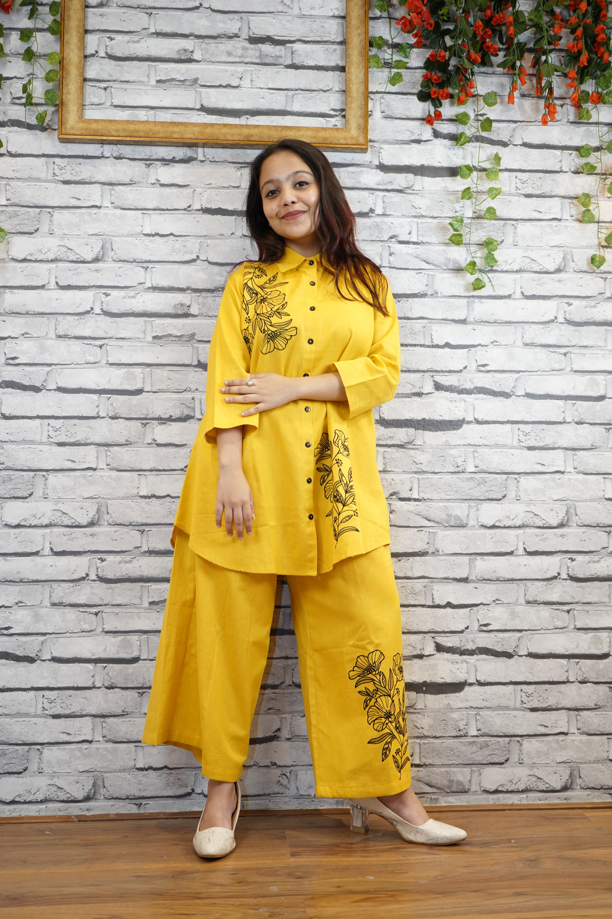 Yellow Cotton Cord Set with Hand Thread Embroidery