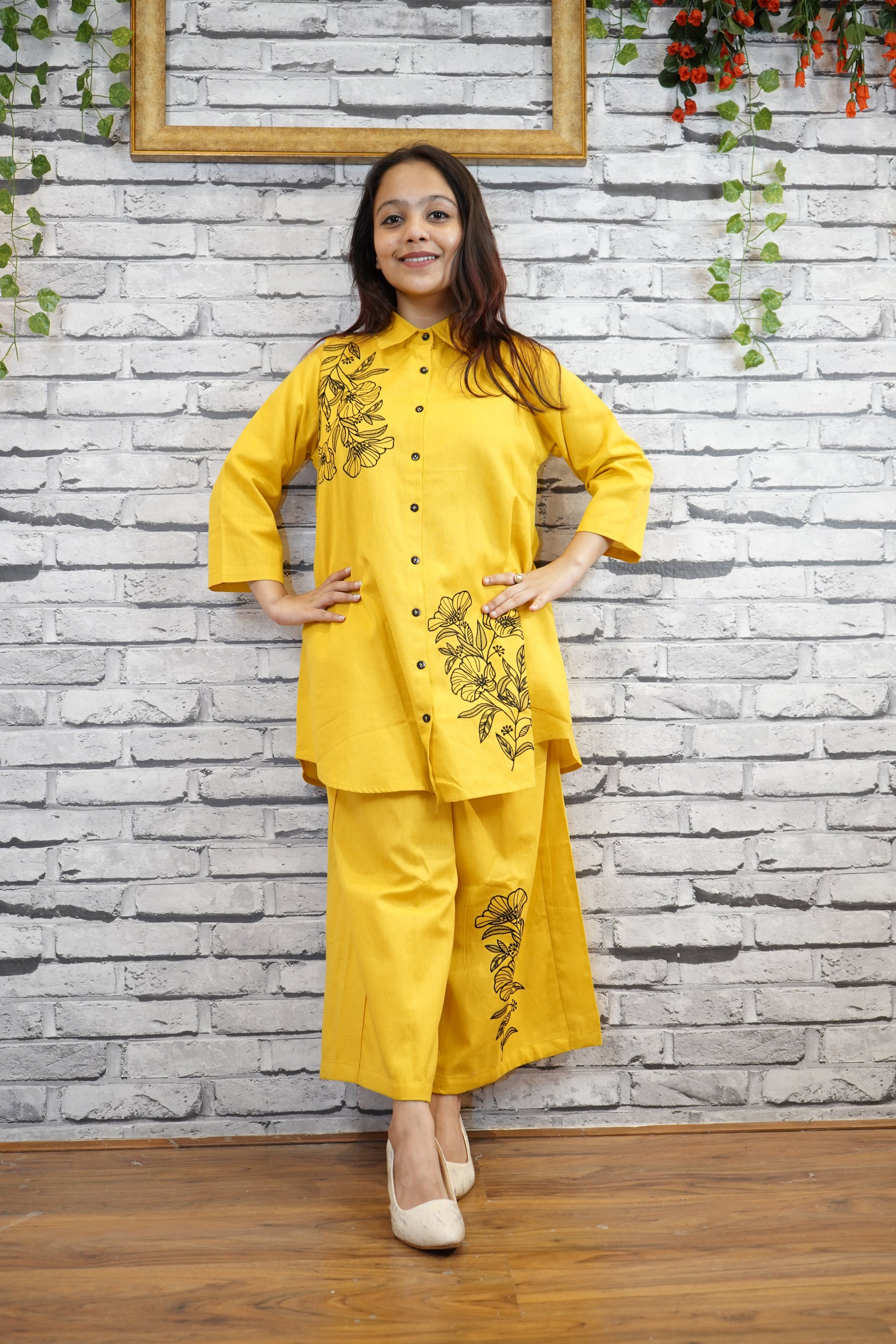 Yellow Cotton Cord Set with Hand Thread Embroidery
