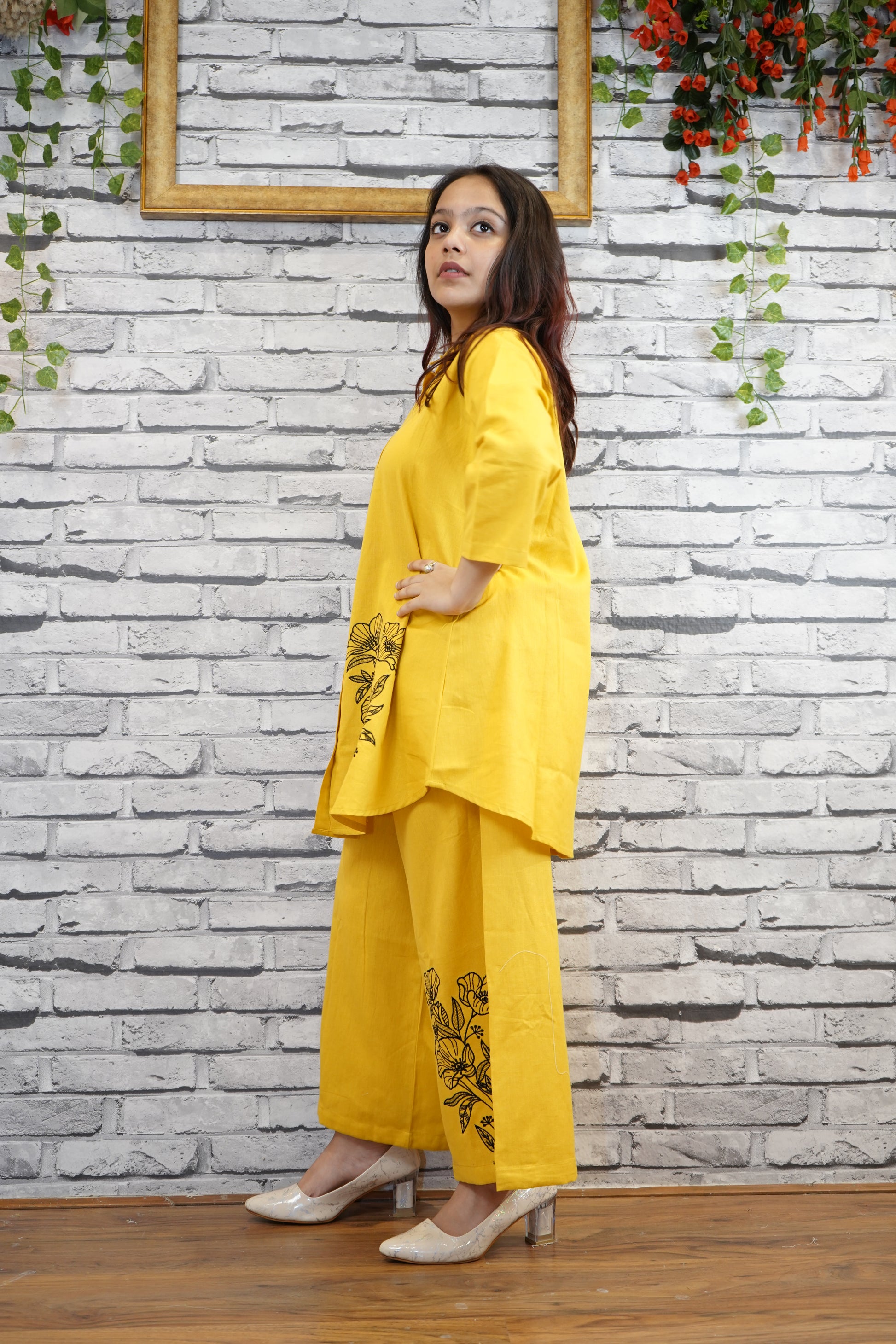 Yellow Cotton Cord Set with Hand Thread Embroidery