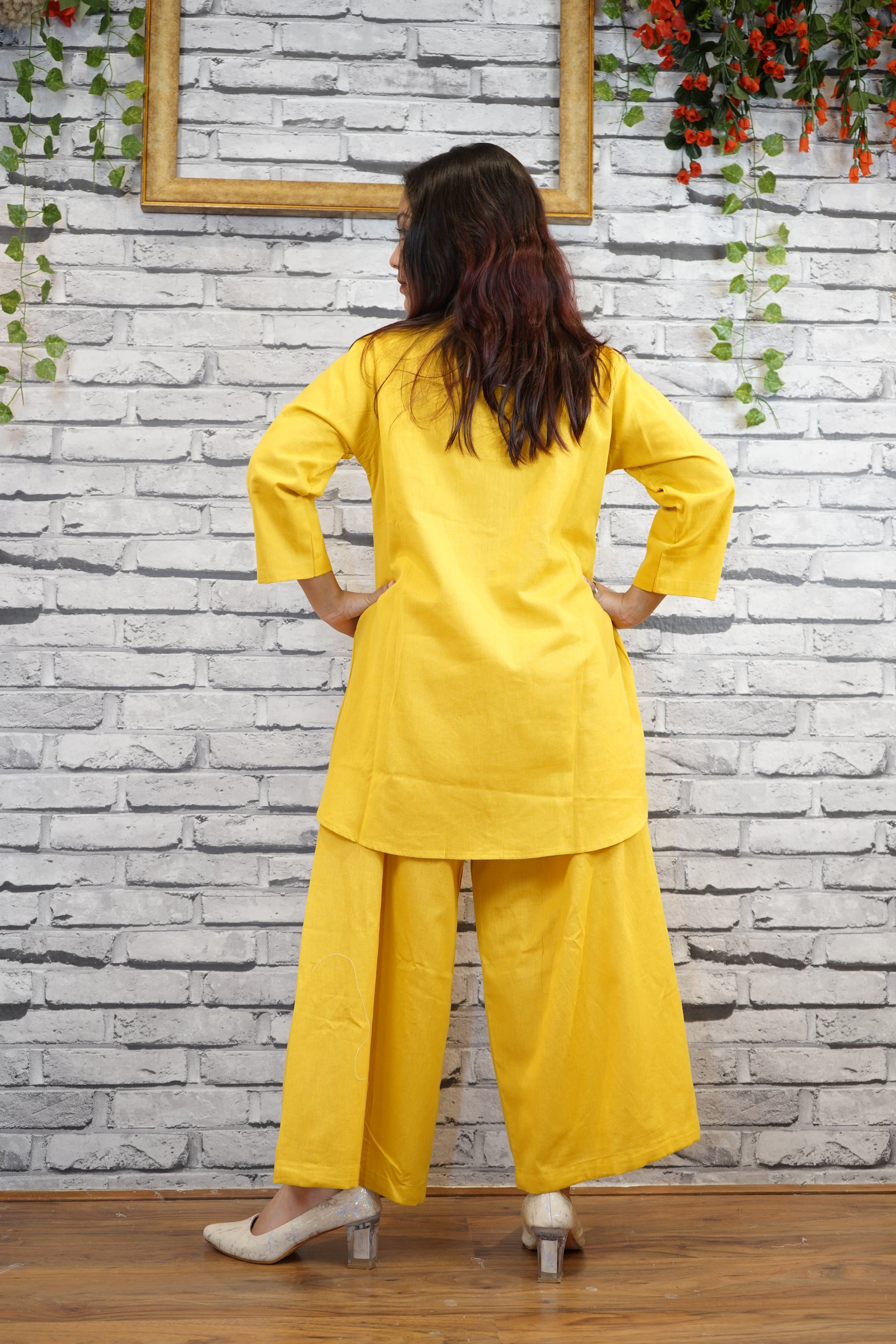 Yellow Cotton Cord Set with Hand Thread Embroidery