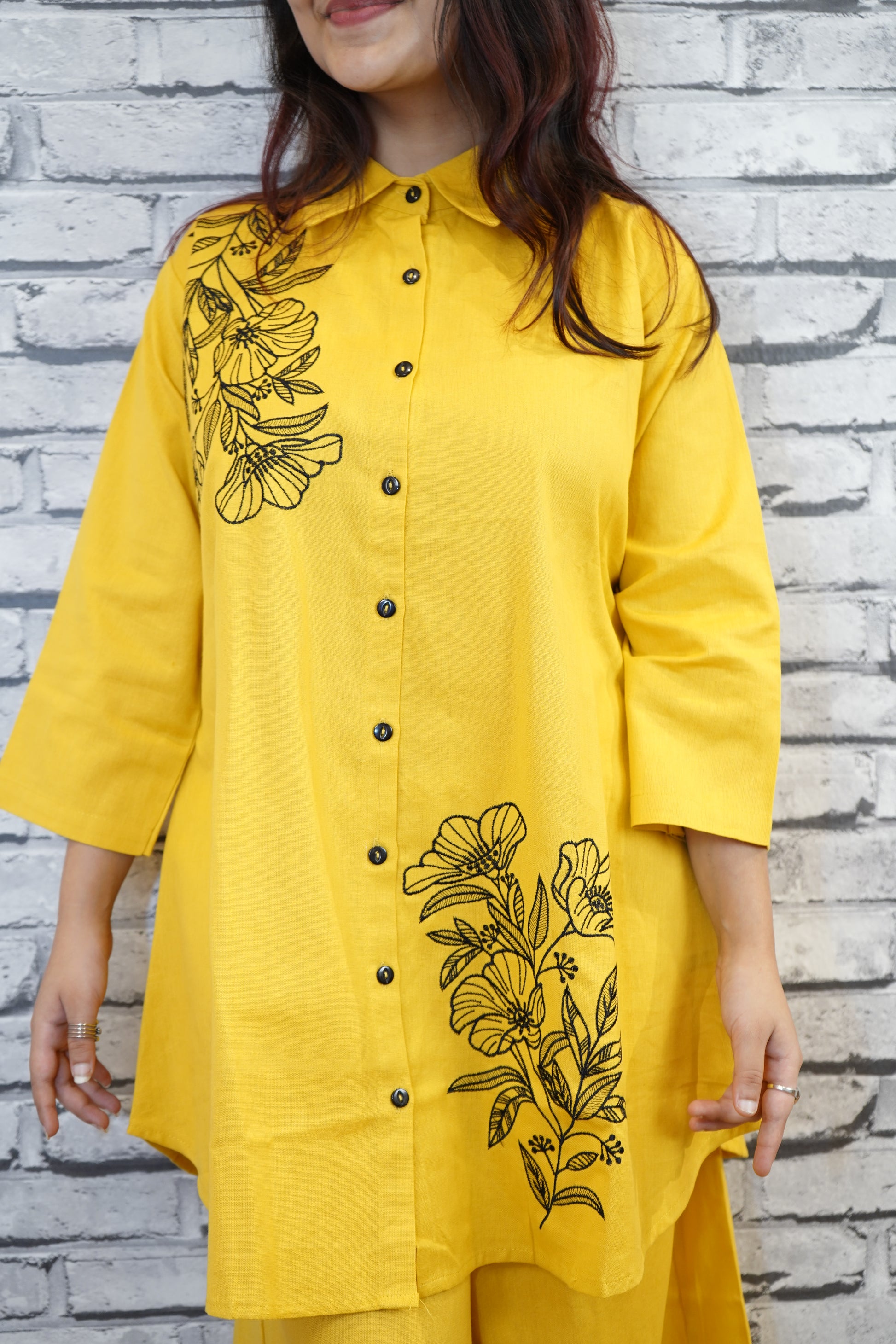 Yellow Cotton Cord Set with Hand Thread Embroidery