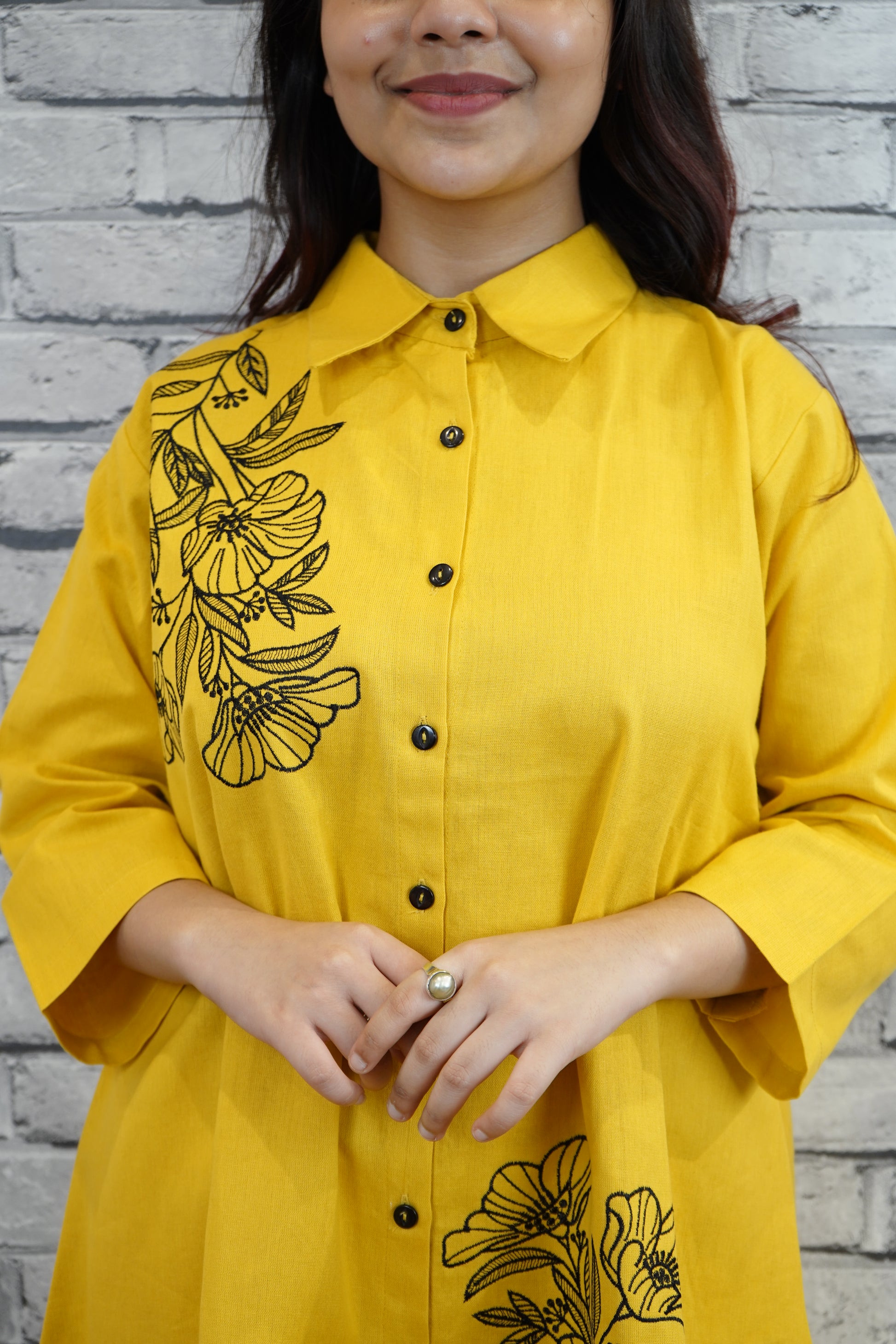 Yellow Cotton Cord Set with Hand Thread Embroidery