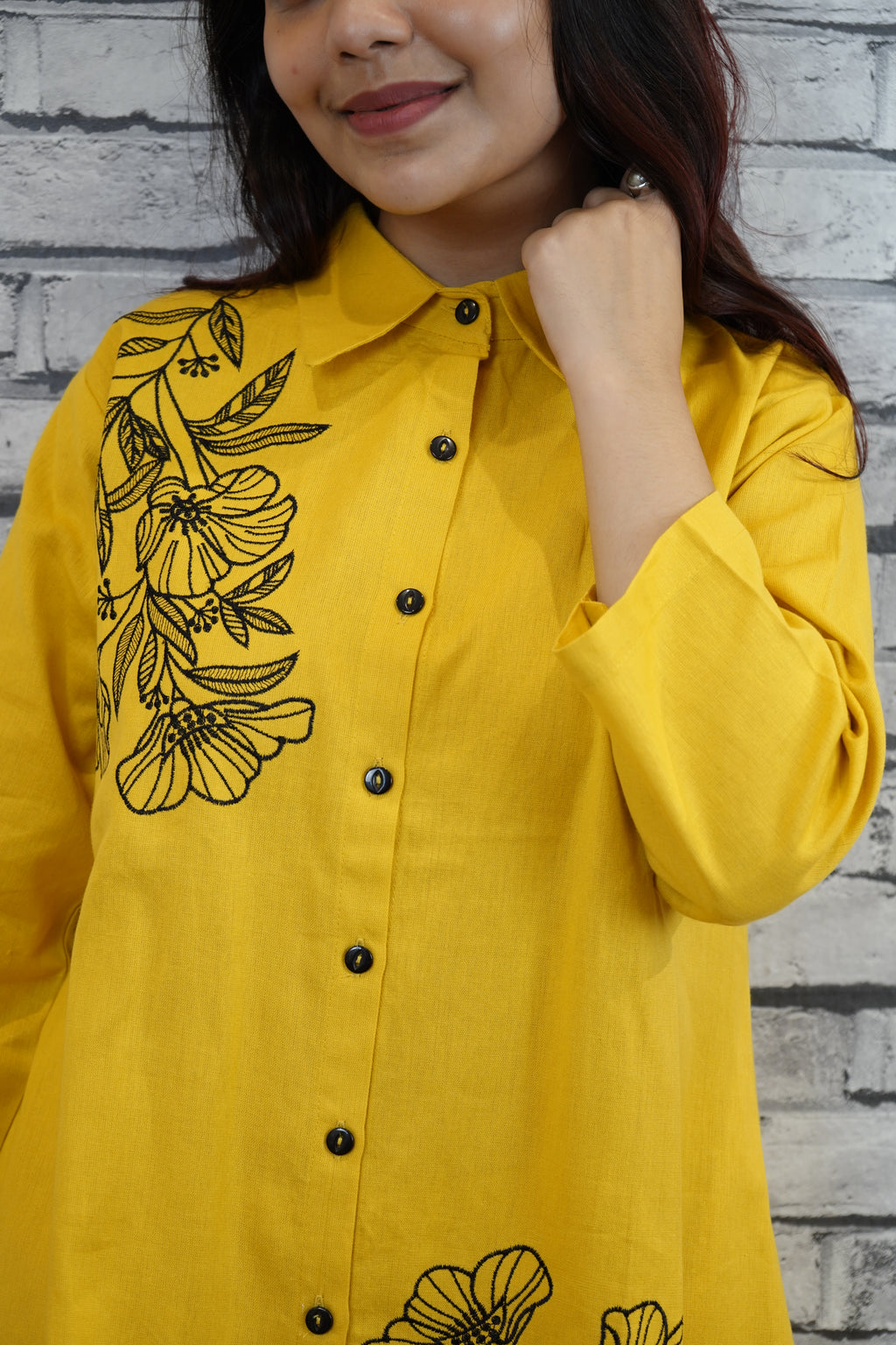 Yellow Cotton Cord Set with Hand Thread Embroidery