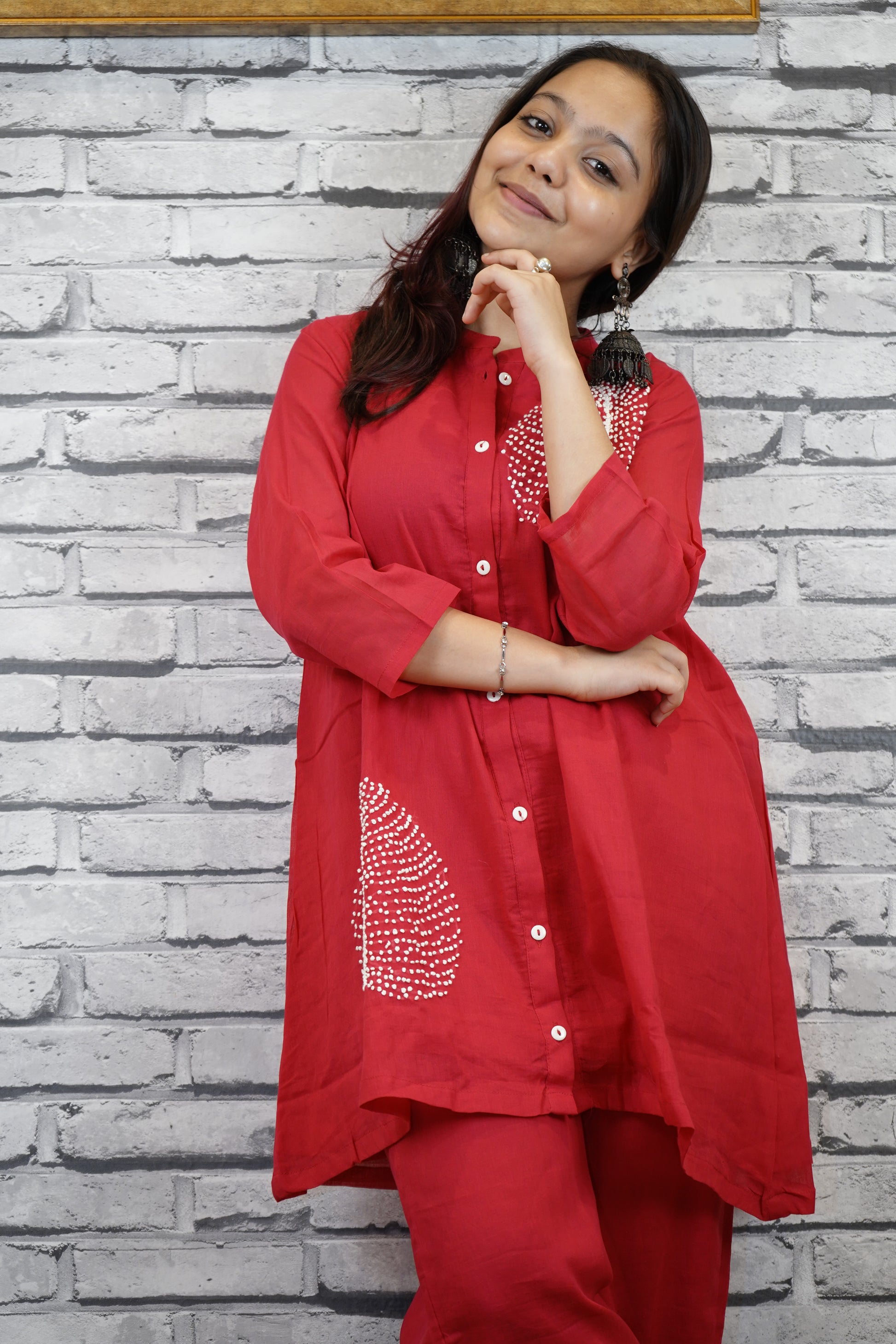 Red Cotton Cord Set with French Hand Embroidery – Classy Festive Look