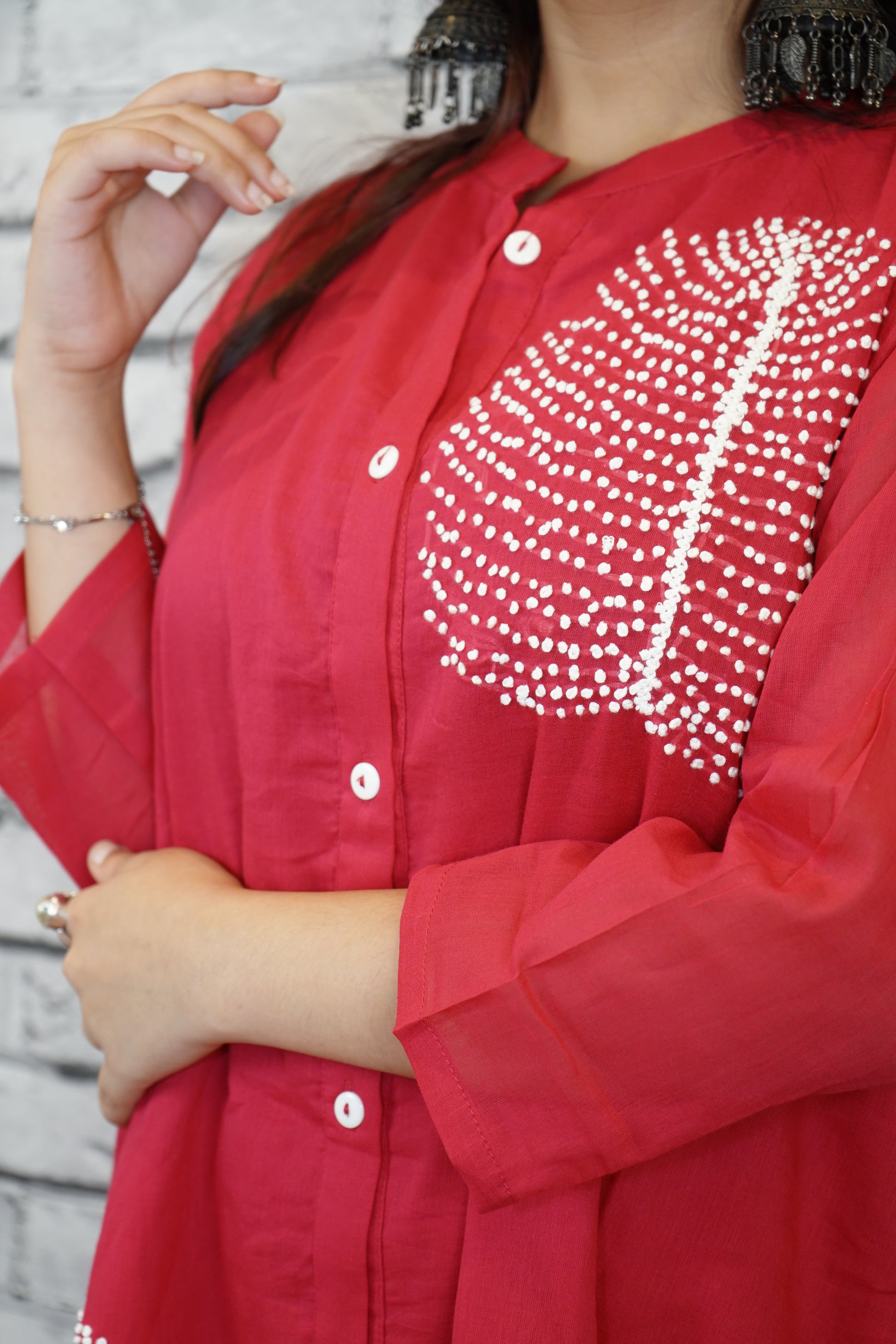 Red Cotton Cord Set with French Hand Embroidery – Classy Festive Look