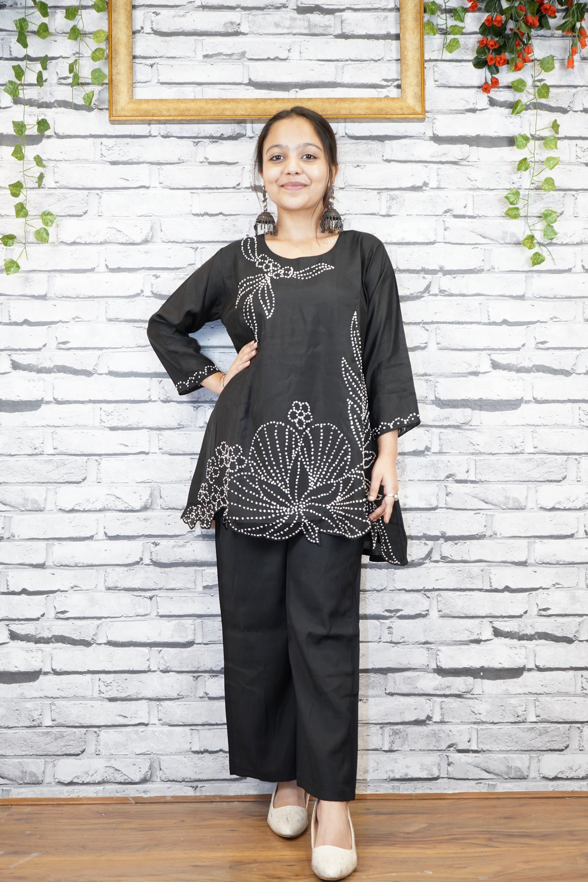 Black Crepe Cotton Coord Set with Hand French Knot Embroidery – Elegant Daily Wear