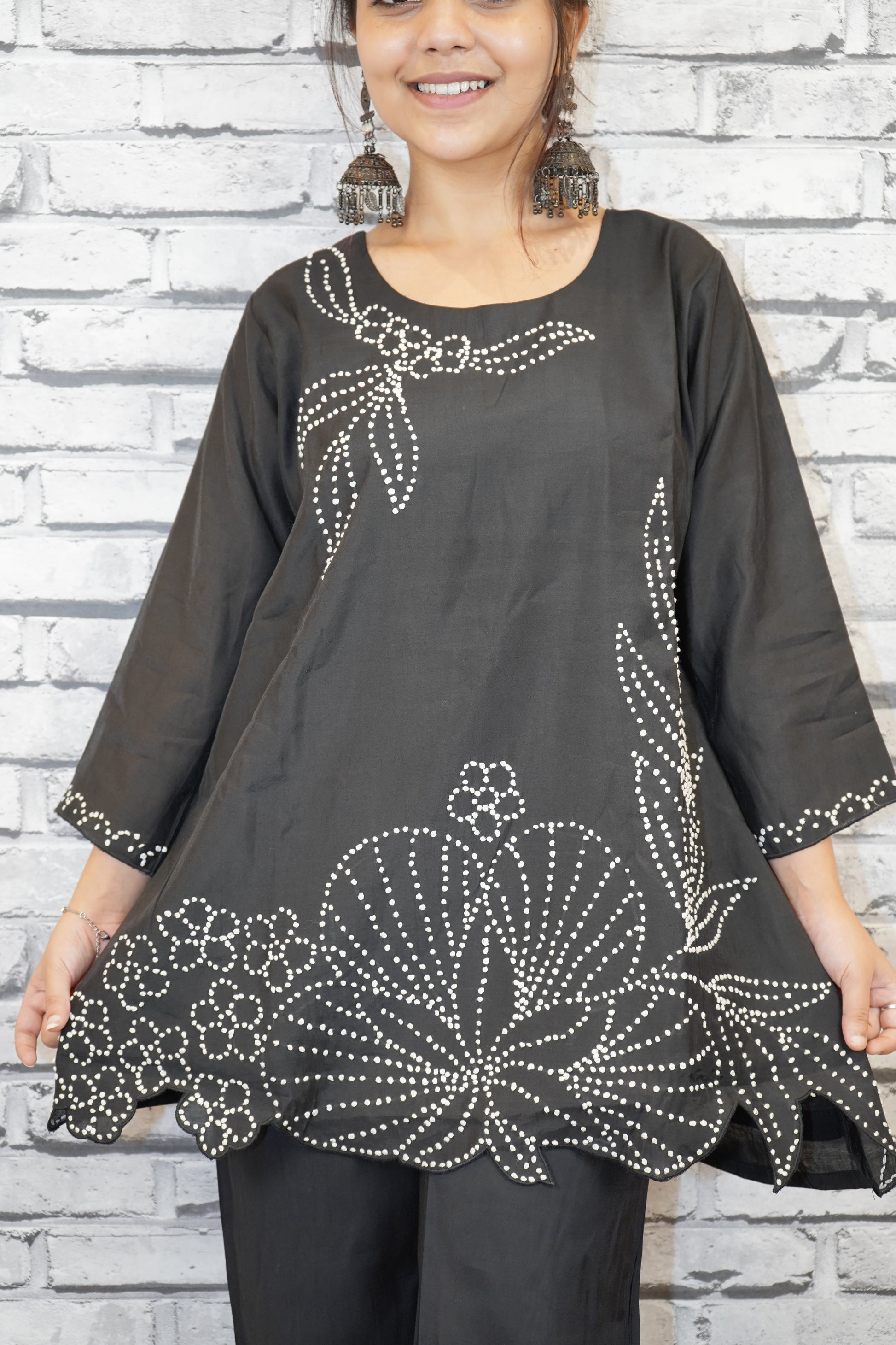 Black Crepe Cotton Coord Set with Hand French Knot Embroidery – Elegant Daily Wear