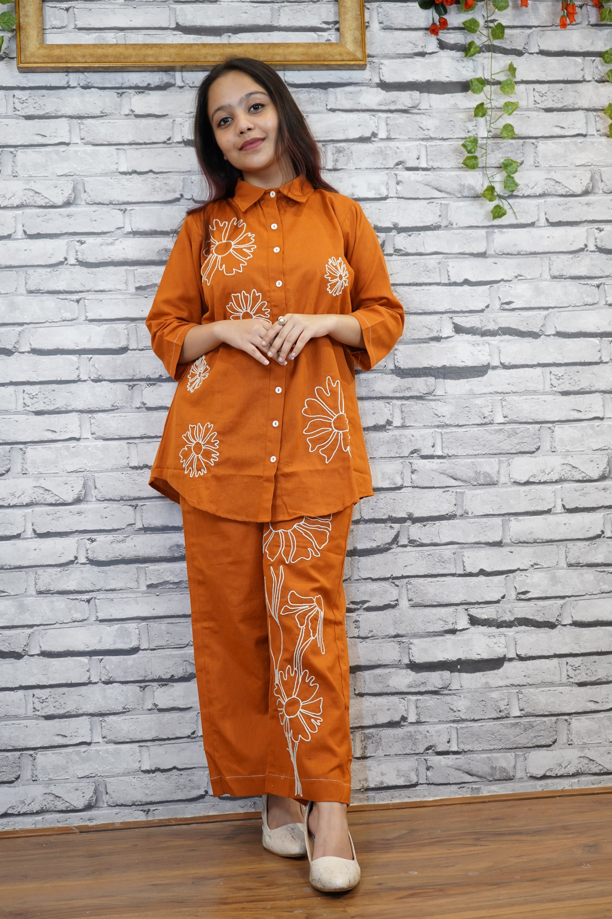 Brick Red Co-ord Set for Women, Ethnic Thread Work