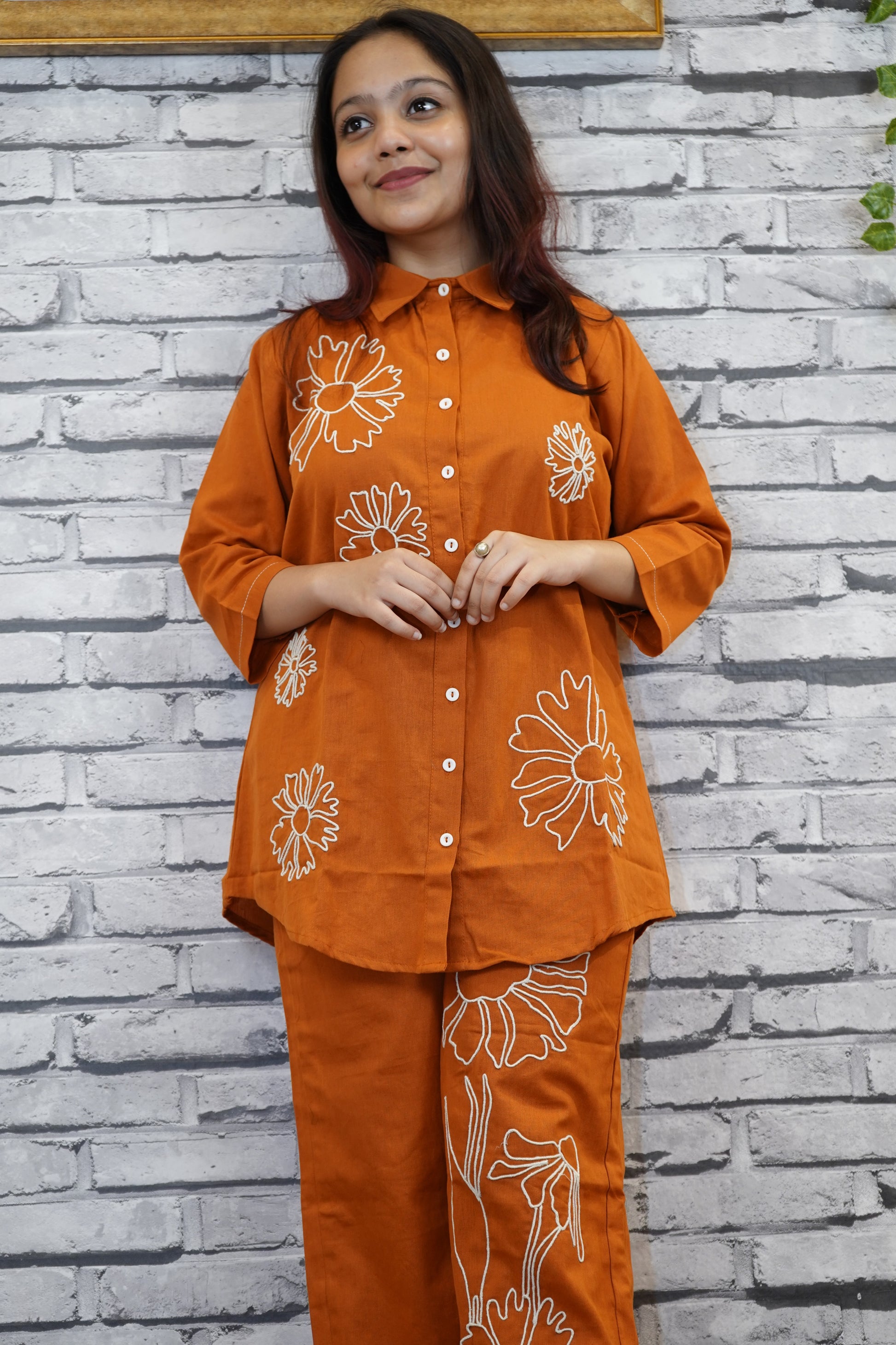 Brick Red Co-ord Set for Women, Ethnic Thread Work