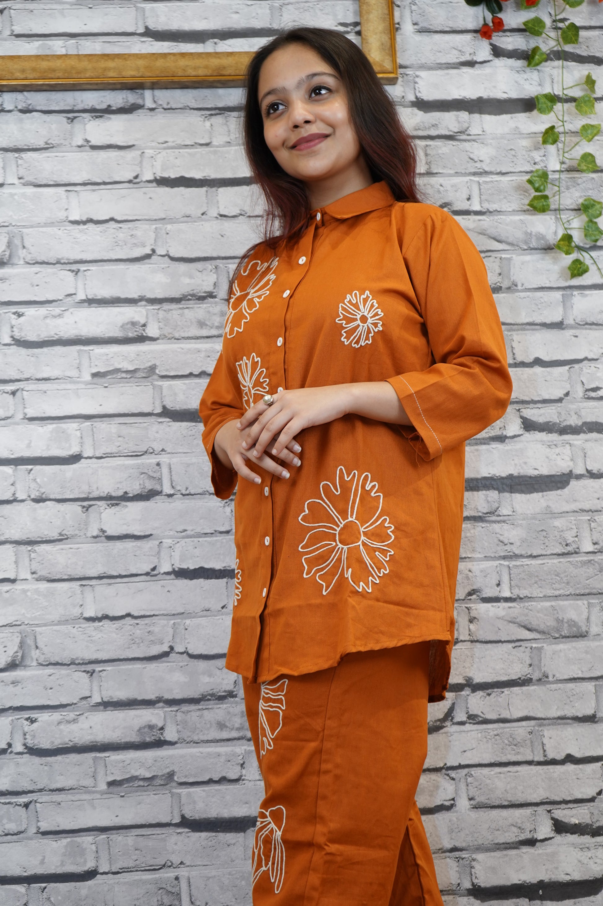 Brick Red Co-ord Set for Women, Ethnic Thread Work