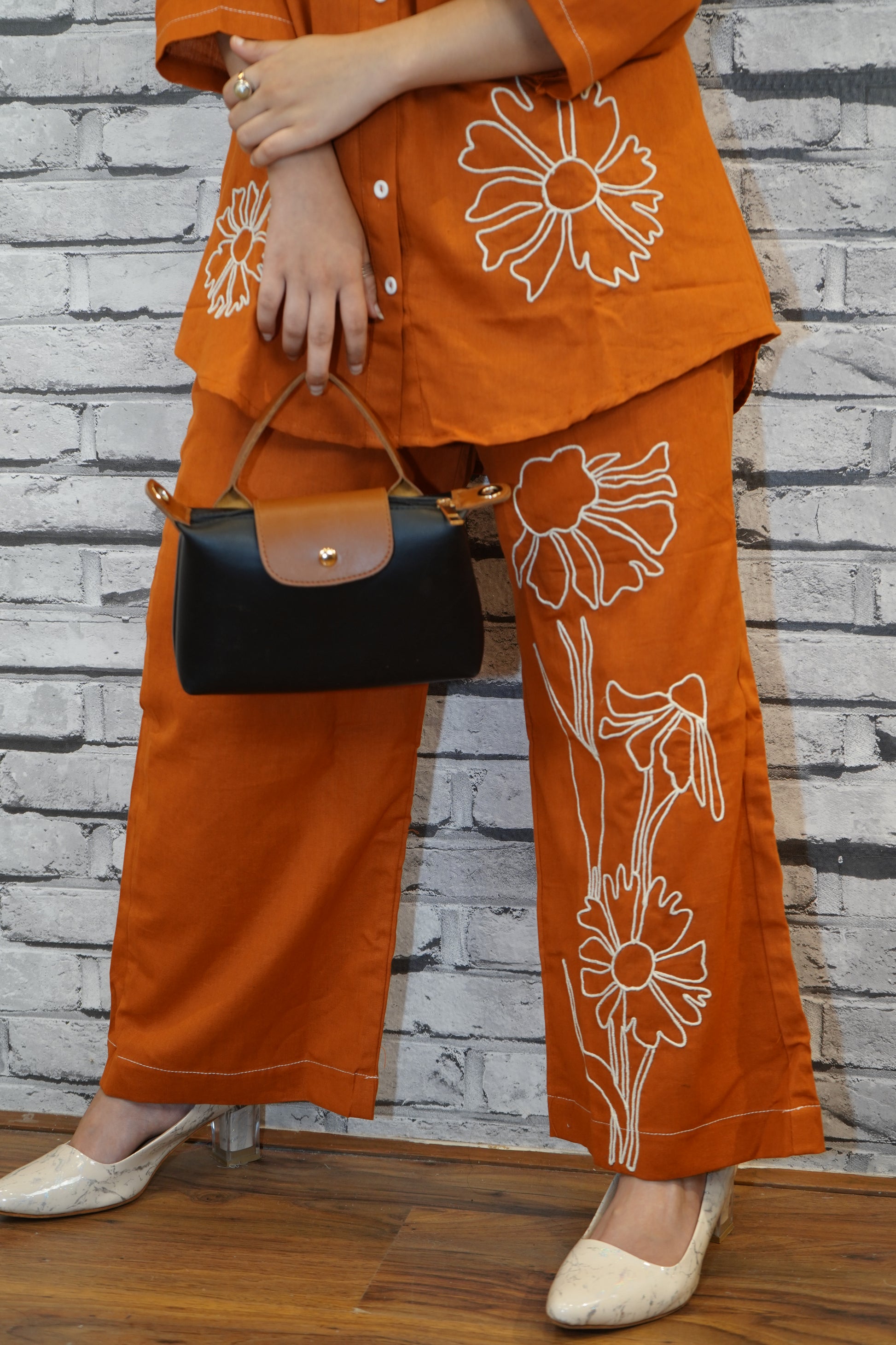Brick Red Co-ord Set for Women, Ethnic Thread Work