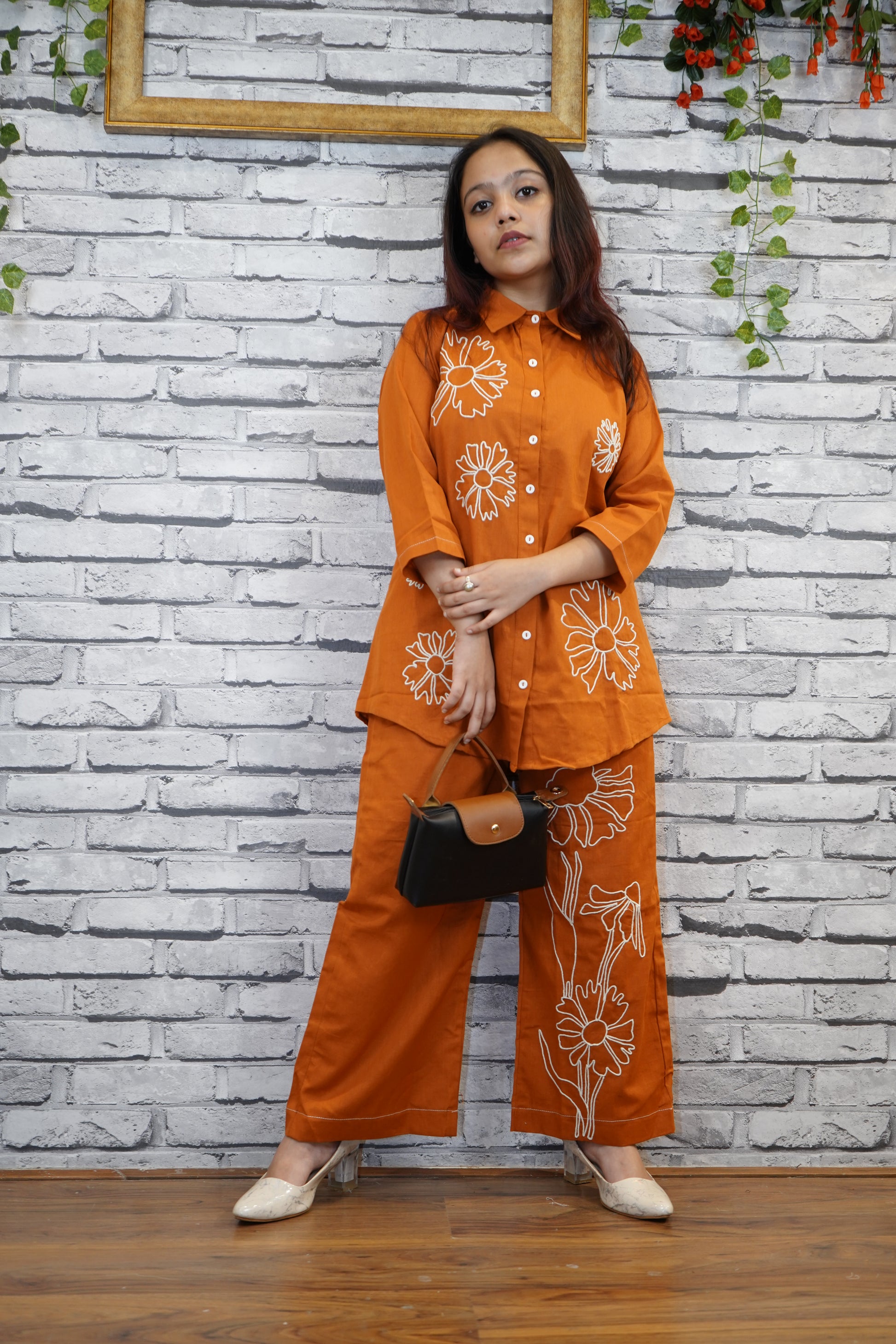 Brick Red Co-ord Set for Women, Ethnic Thread Work
