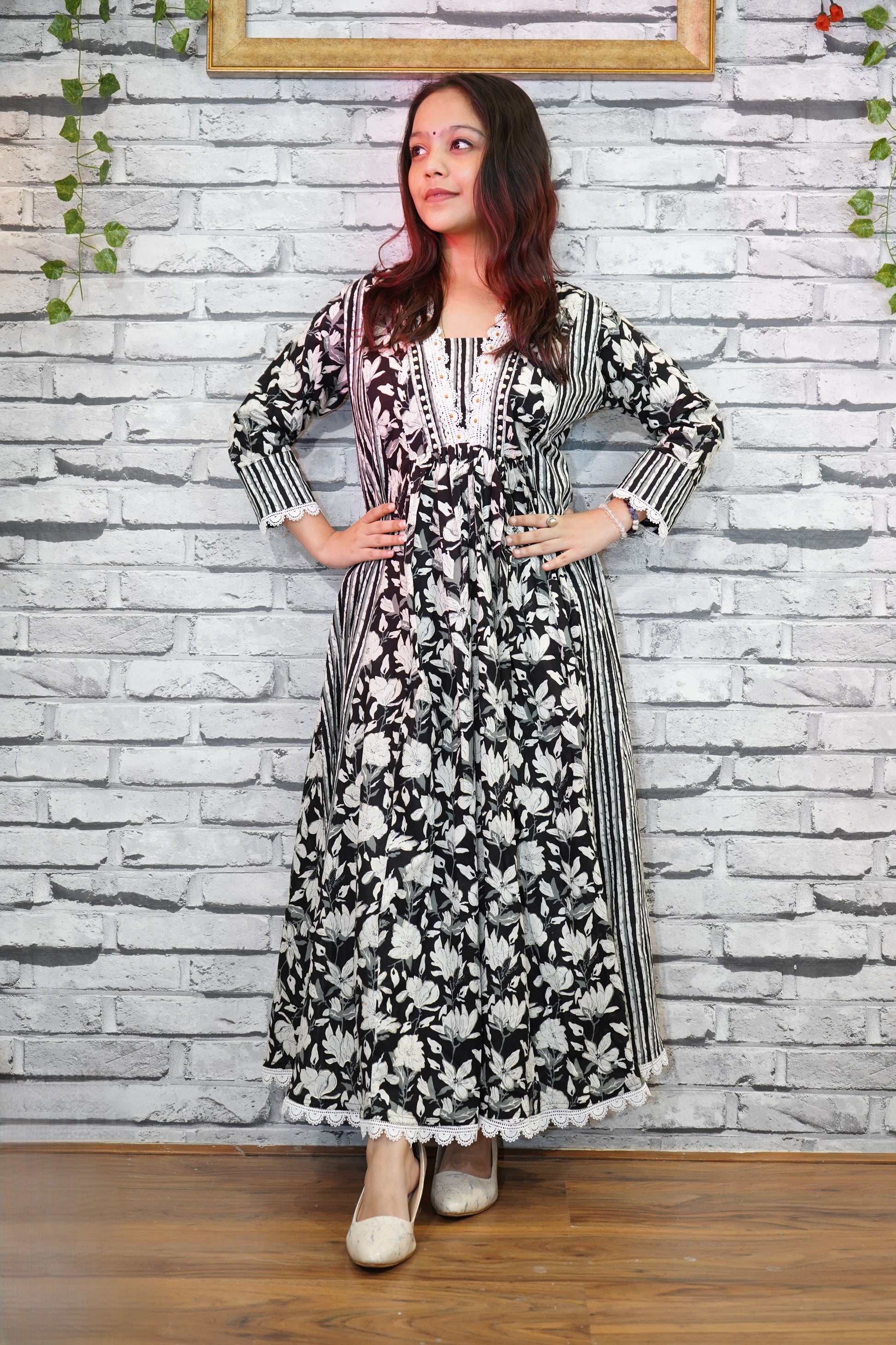 Black Cotton Printed One Piece Dress, Indo-Western Style