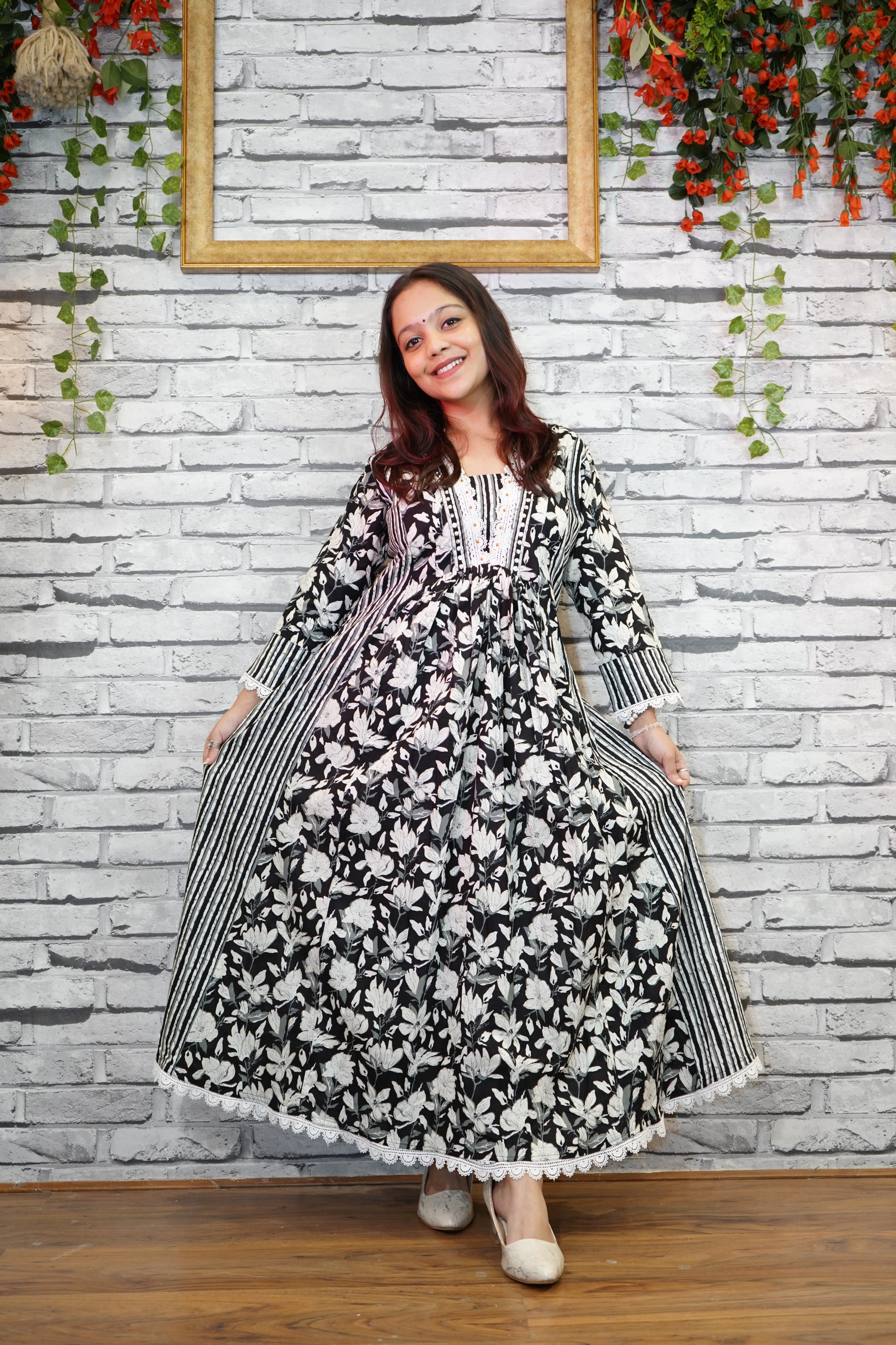 Black Cotton Printed One Piece Dress, Indo-Western Style