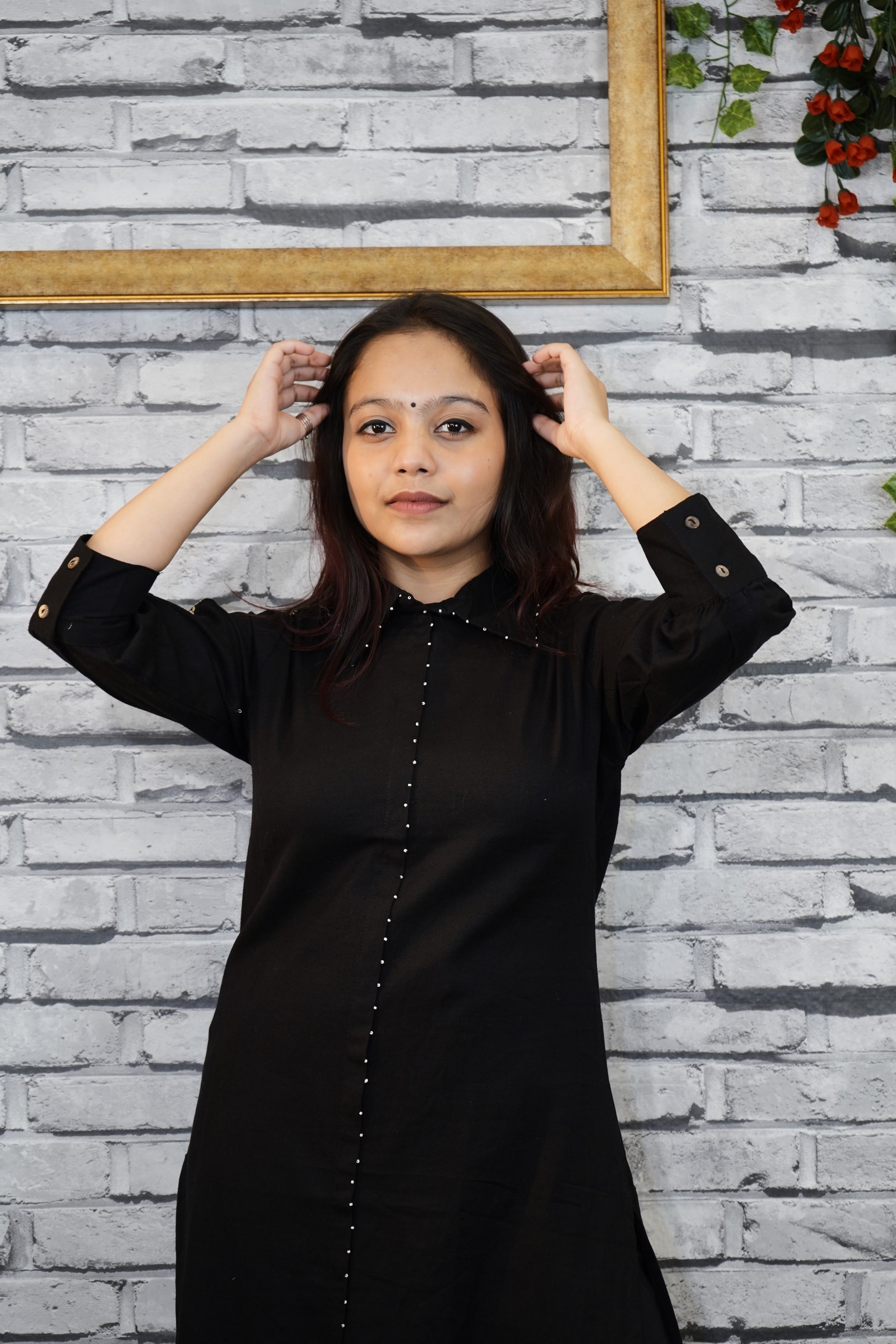 Solid Black Cotton Suit Set for Women, Detailed Sleeves
