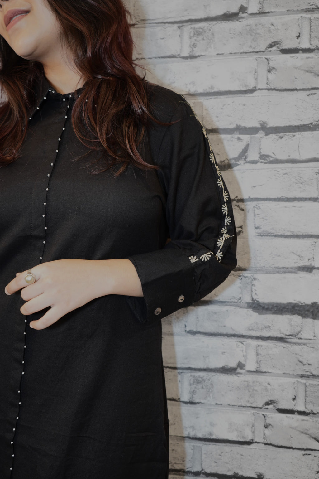 Solid Black Cotton Suit Set for Women, Detailed Sleeves