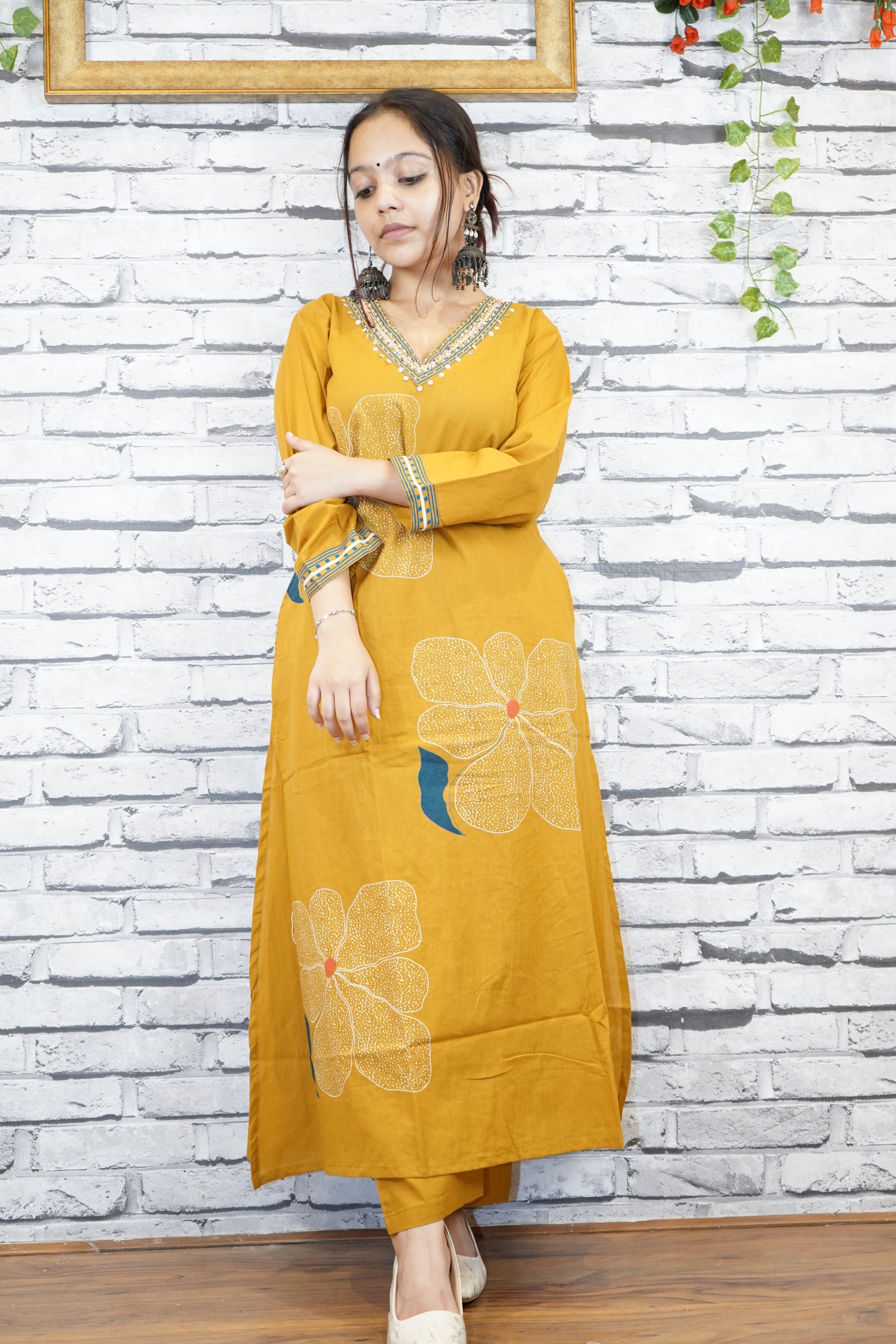 Mustard Cotton Floral Suit Set with Hand Embellished Neckline