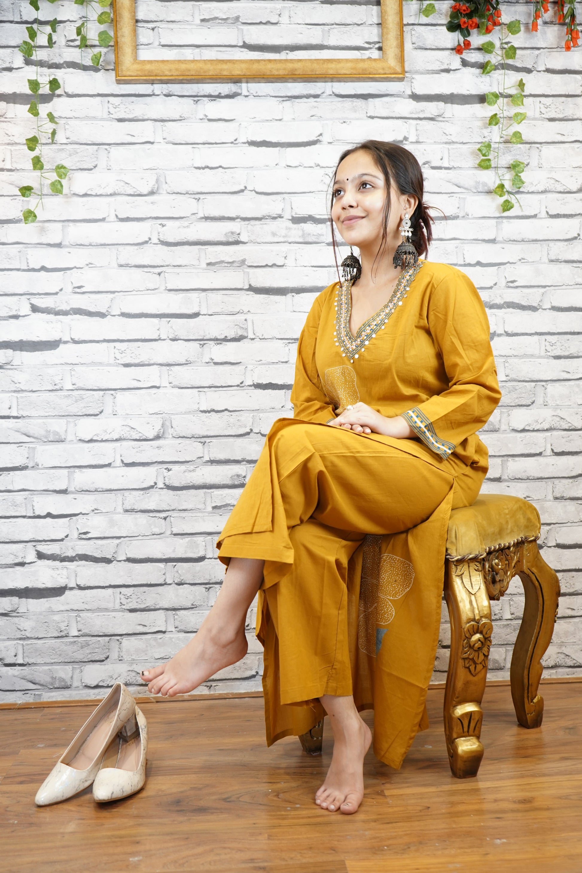 Mustard Cotton Floral Suit Set with Hand Embellished Neckline