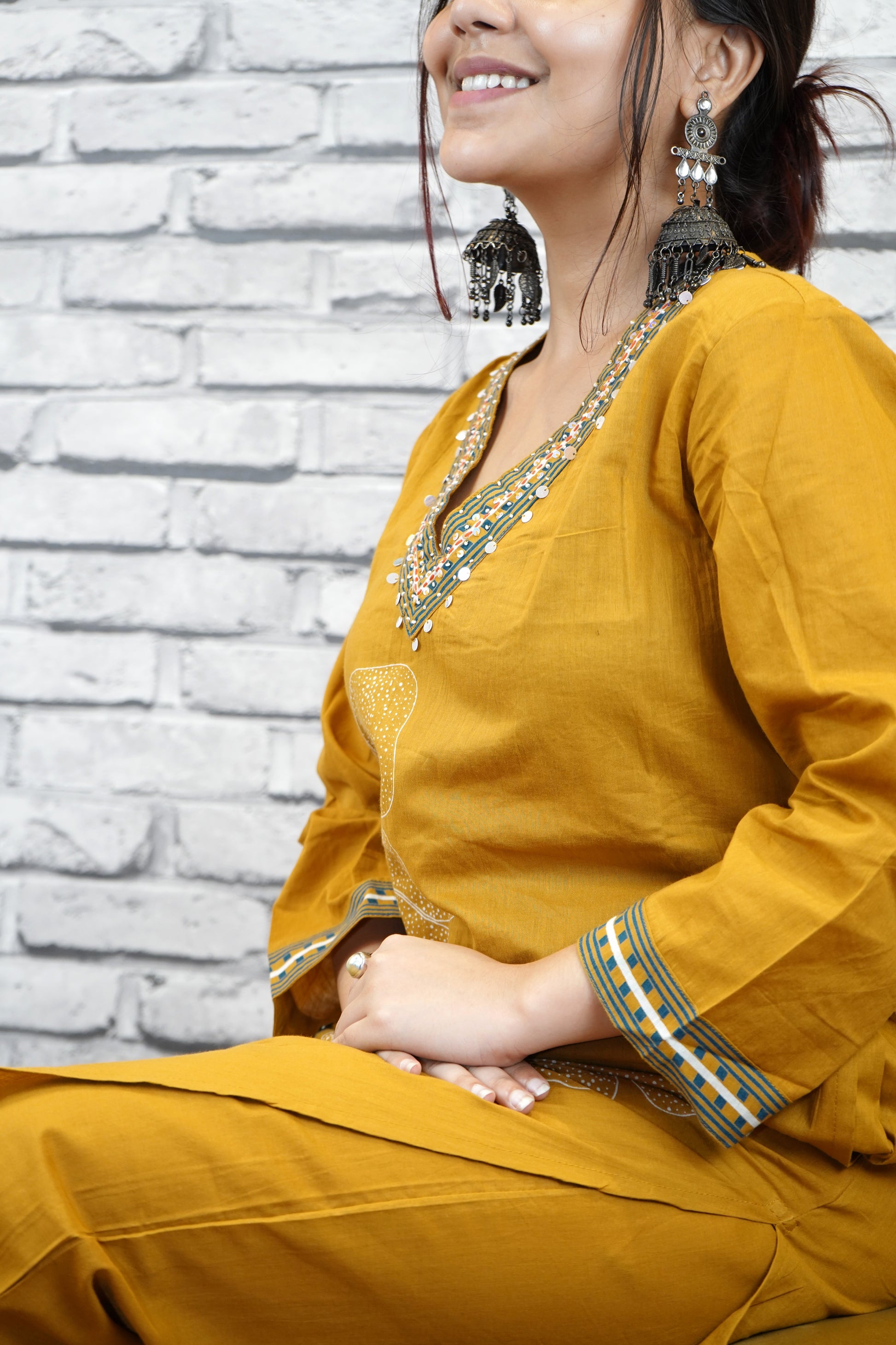 Mustard Cotton Floral Suit Set with Hand Embellished Neckline