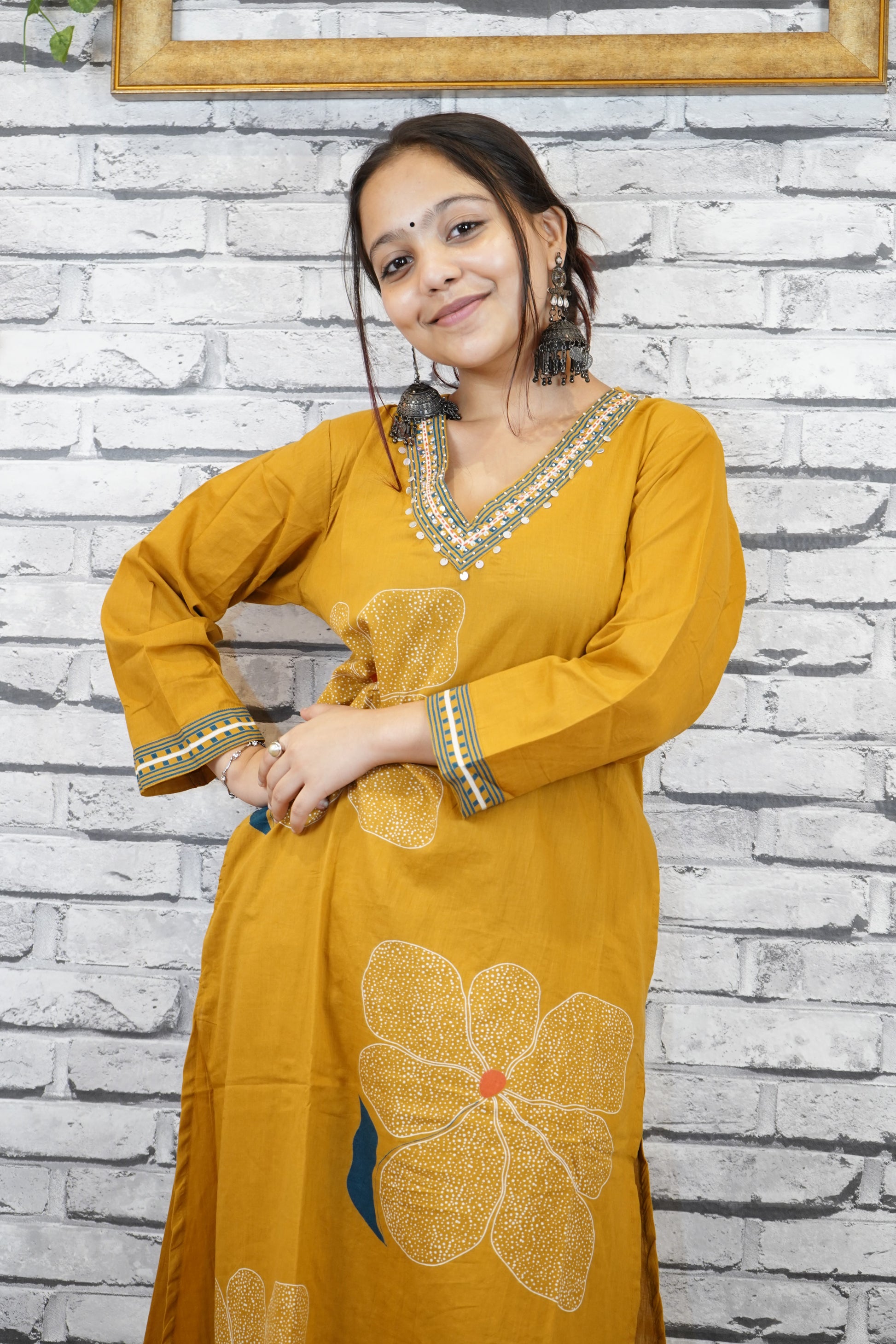 Mustard Cotton Floral Suit Set with Hand Embellished Neckline