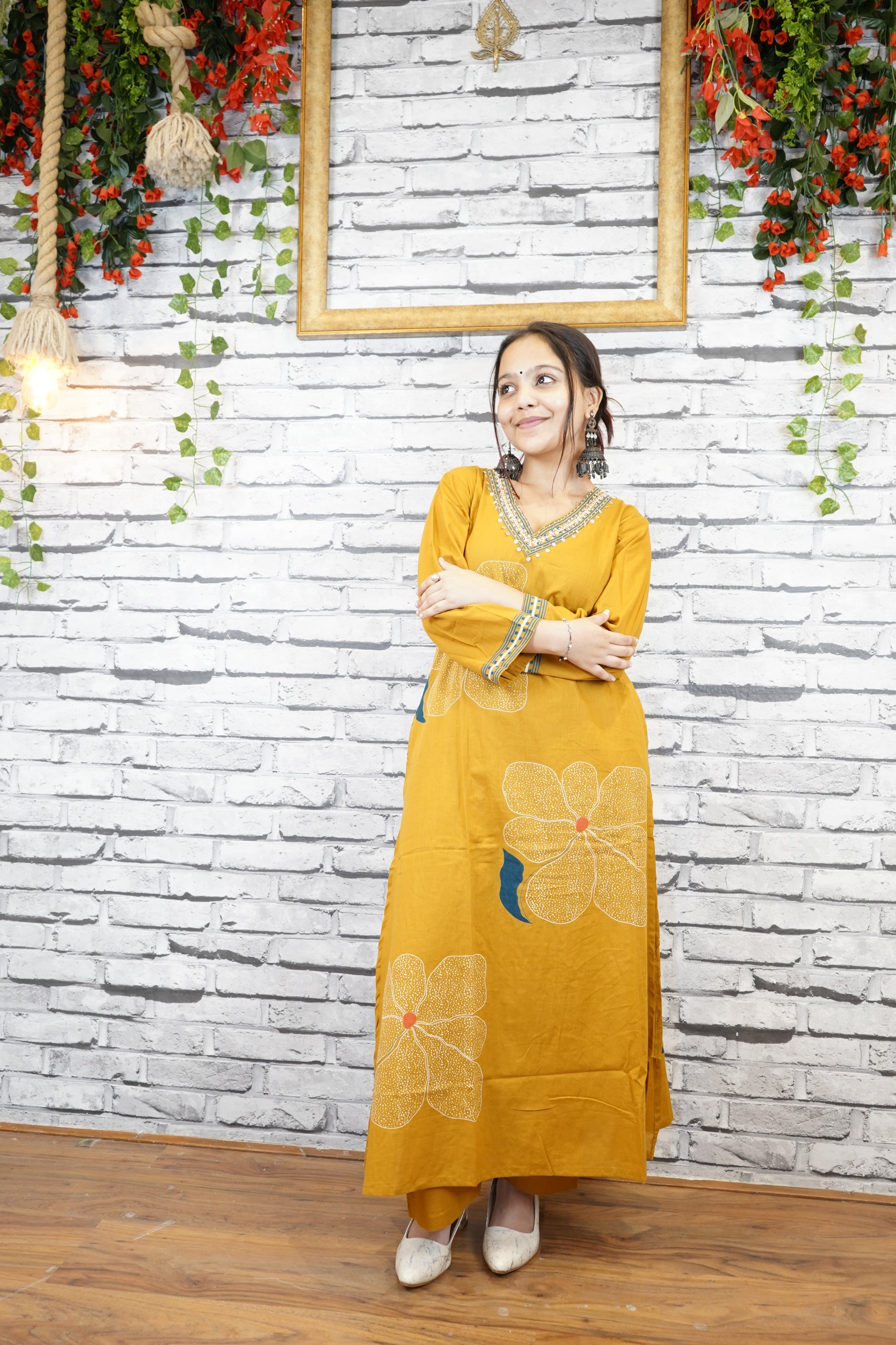 Mustard Cotton Floral Suit Set with Hand Embellished Neckline