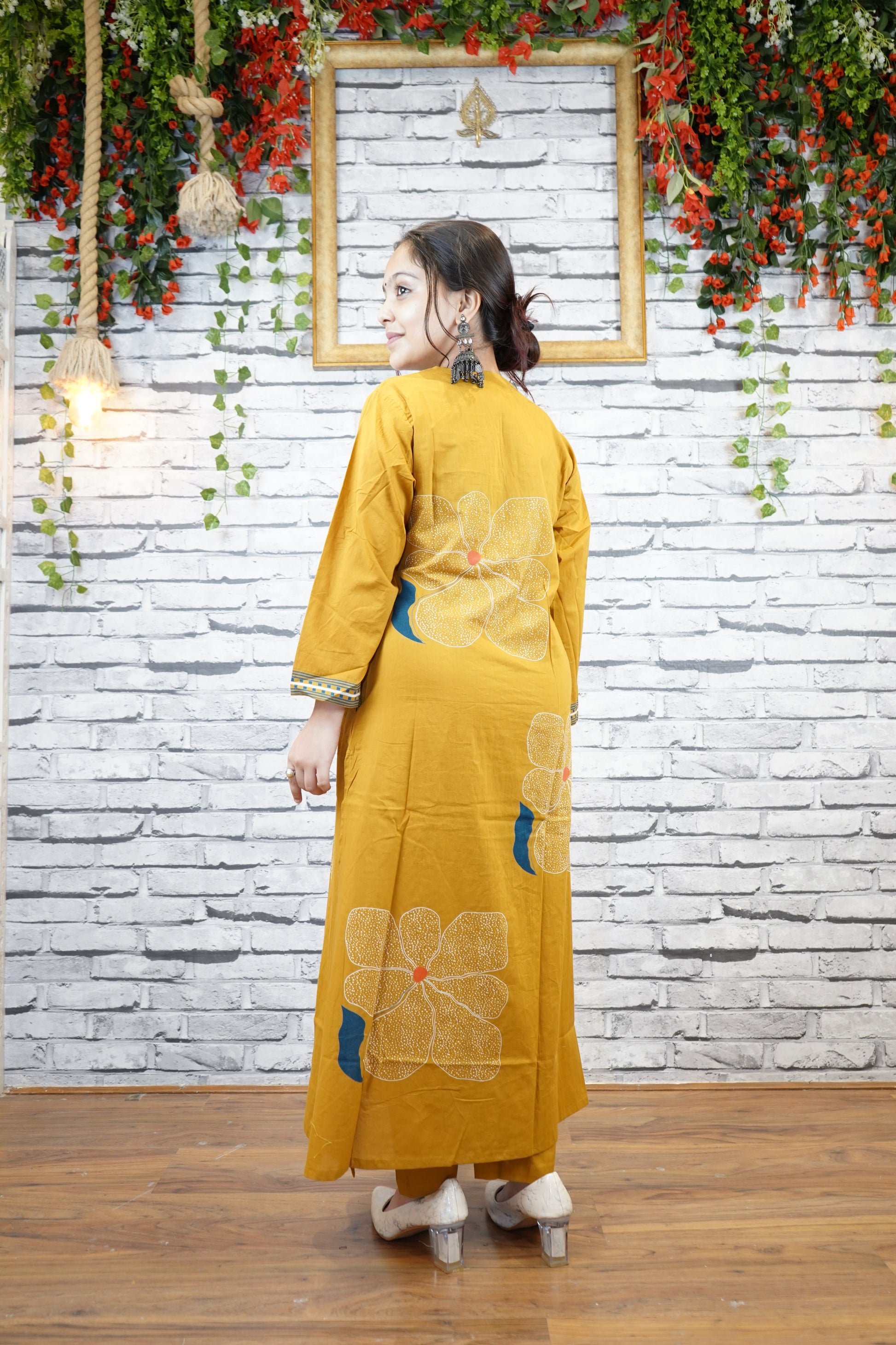 Mustard Cotton Floral Suit Set with Hand Embellished Neckline