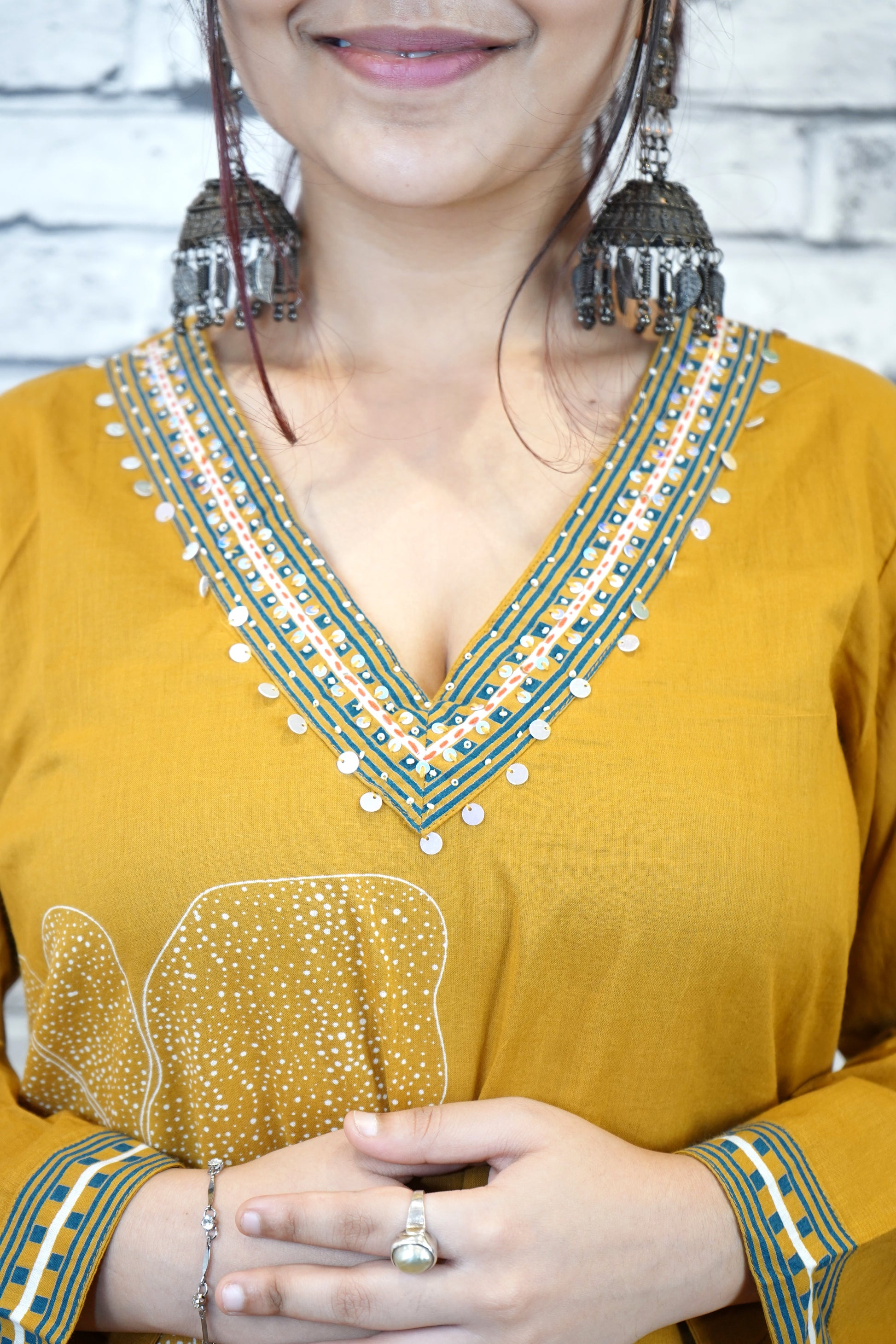Mustard Cotton Floral Suit Set with Hand Embellished Neckline