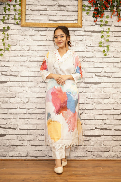Aqua Blue Pure Cotton Suit Set, Thread Work on Neckline