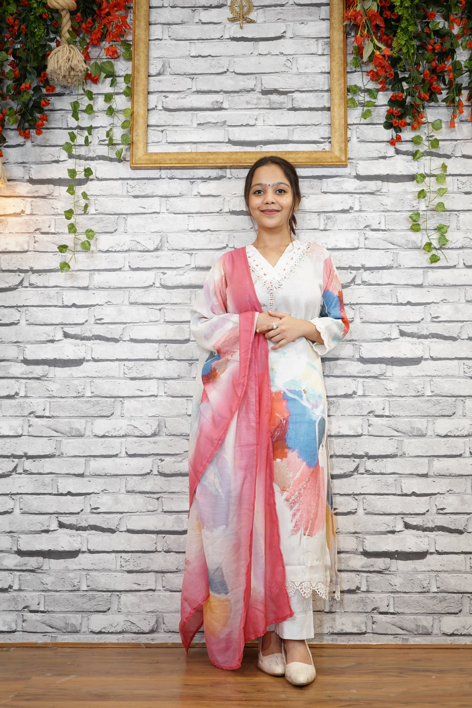 Aqua Blue Pure Cotton Suit Set, Thread Work on Neckline