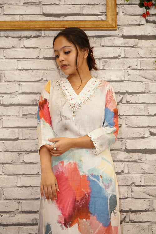 Aqua Blue Pure Cotton Suit Set, Thread Work on Neckline