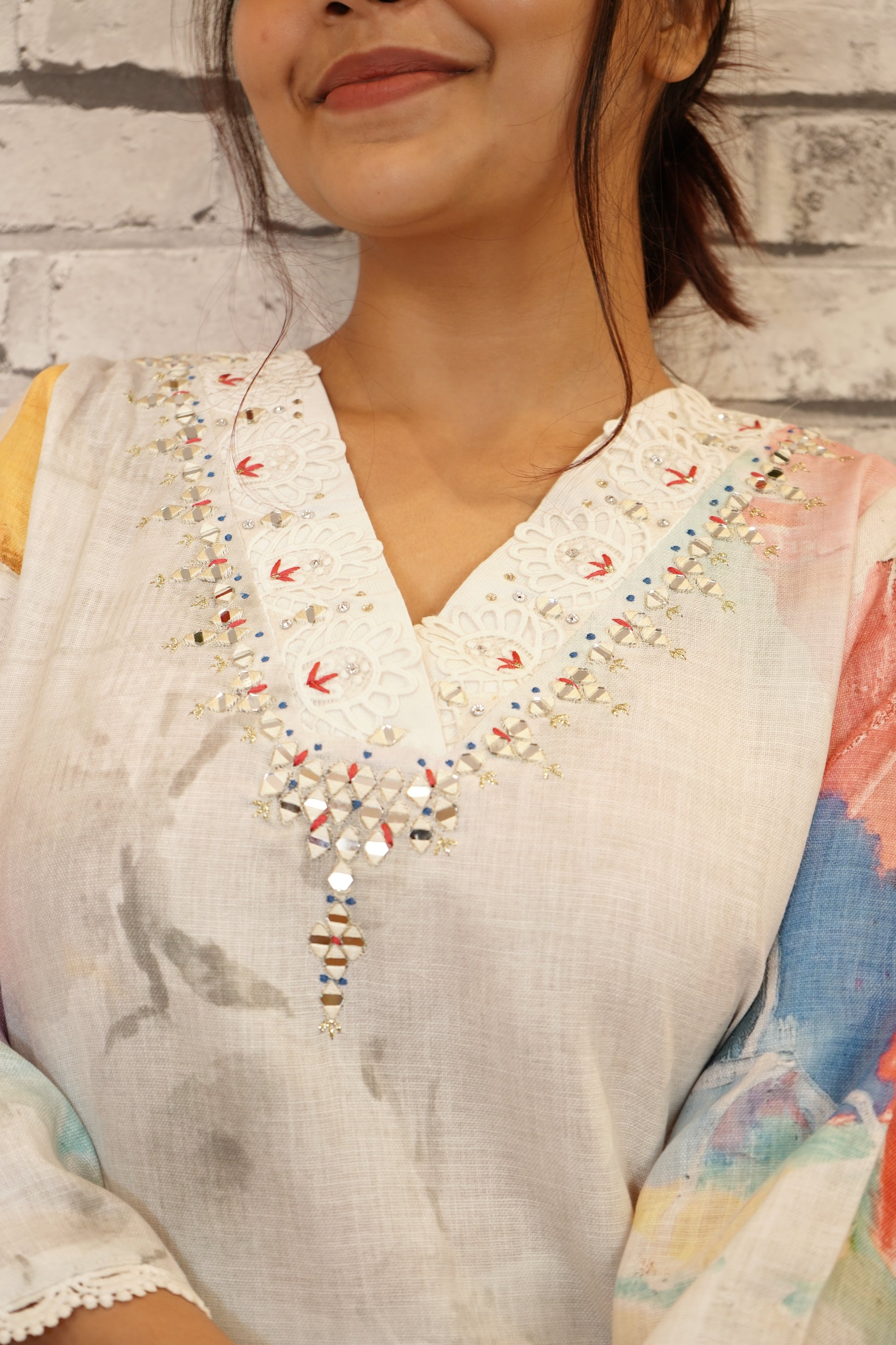 Aqua Blue Pure Cotton Suit Set, Thread Work on Neckline