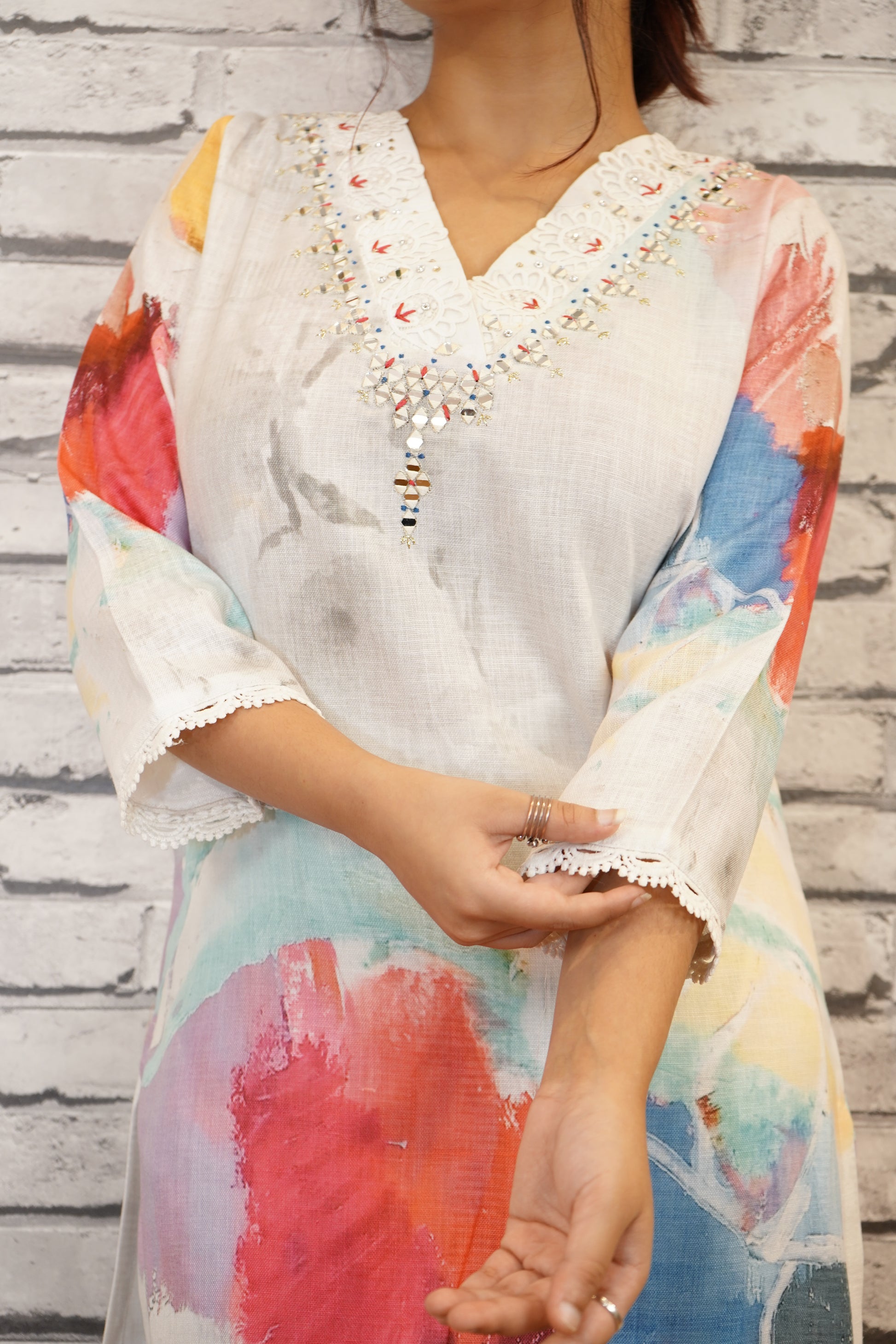 Aqua Blue Pure Cotton Suit Set, Thread Work on Neckline