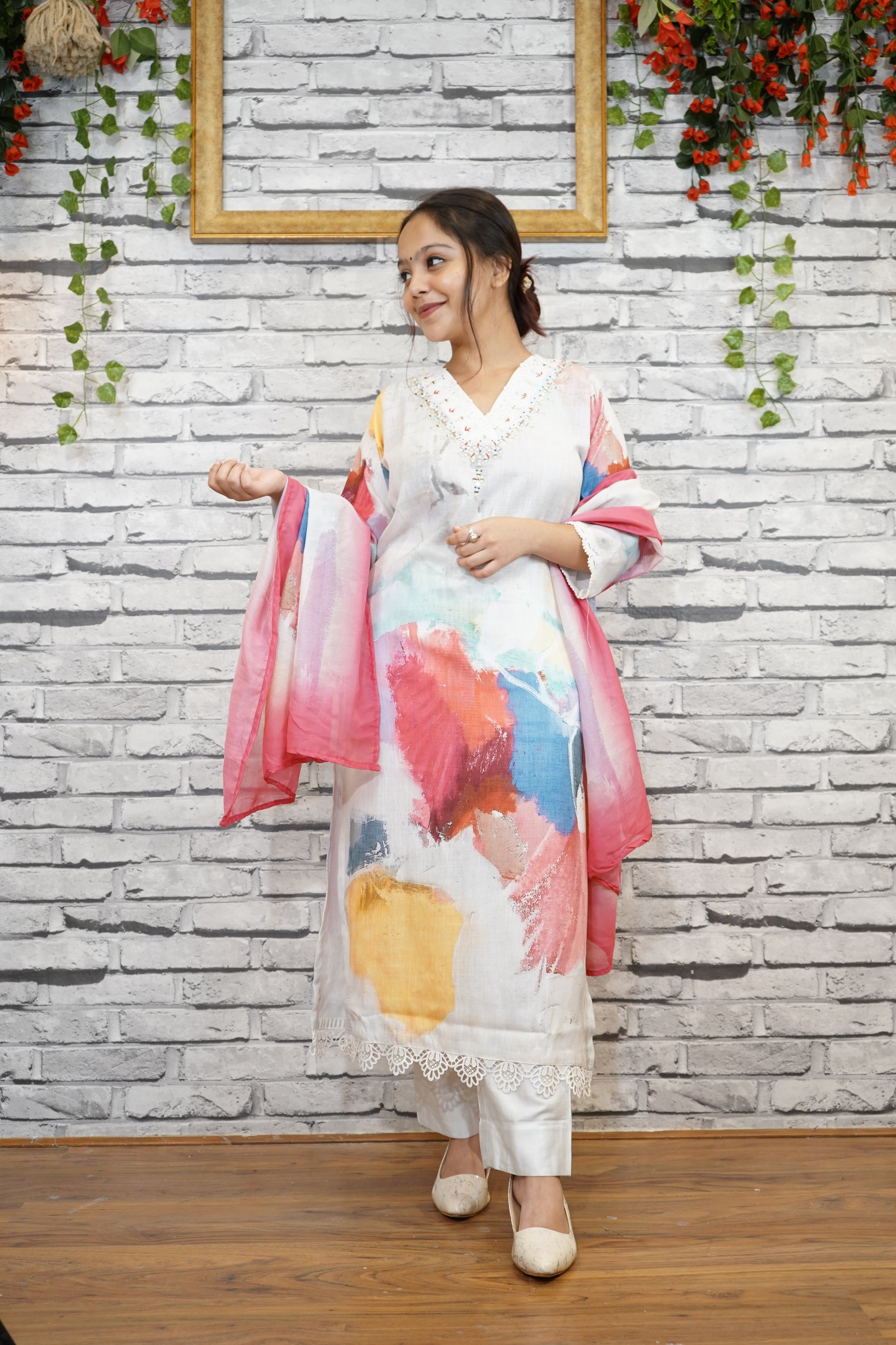 Aqua Blue Pure Cotton Suit Set, Thread Work on Neckline