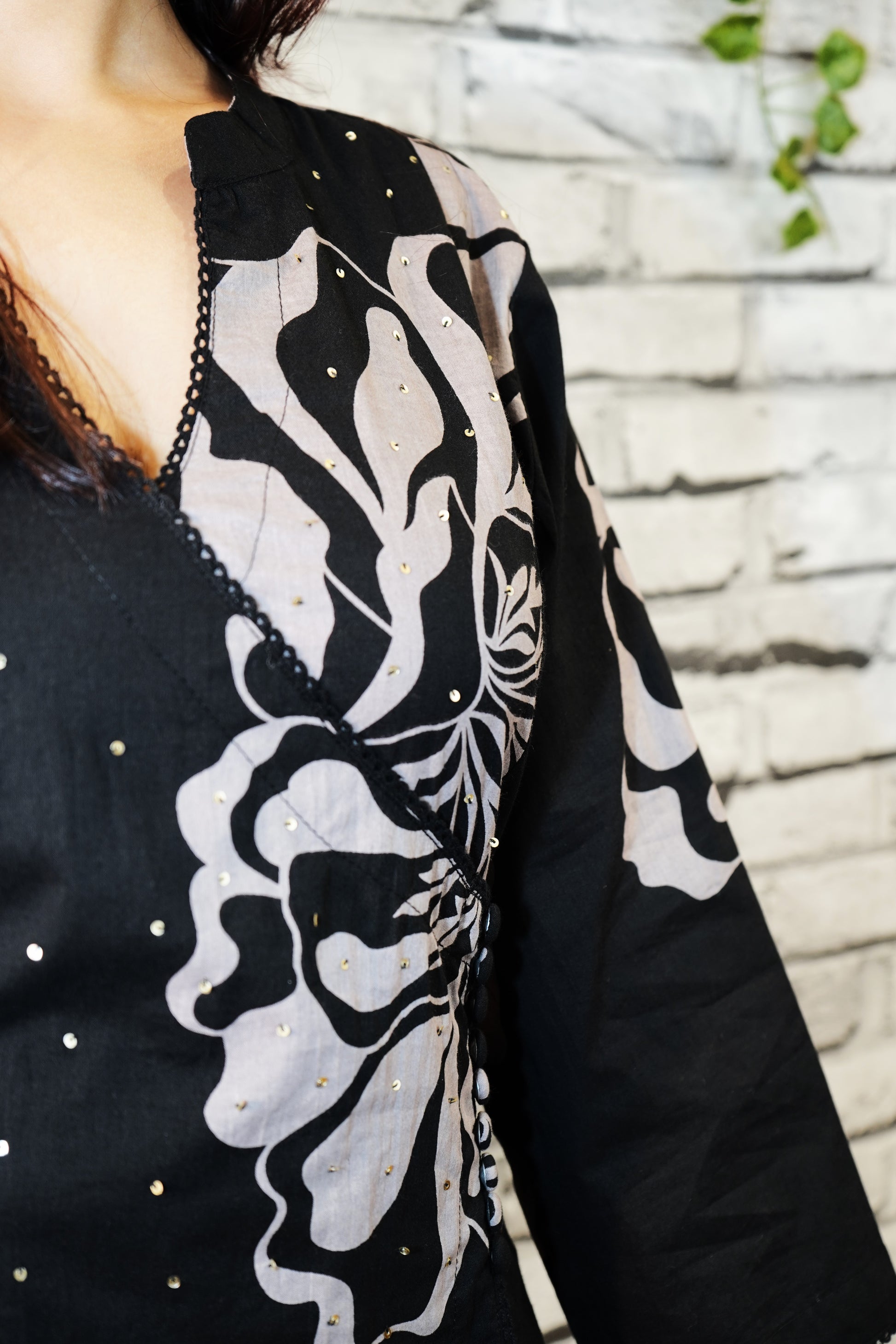 Black Cotton Printed One Piece Dress, Indo-Western Style