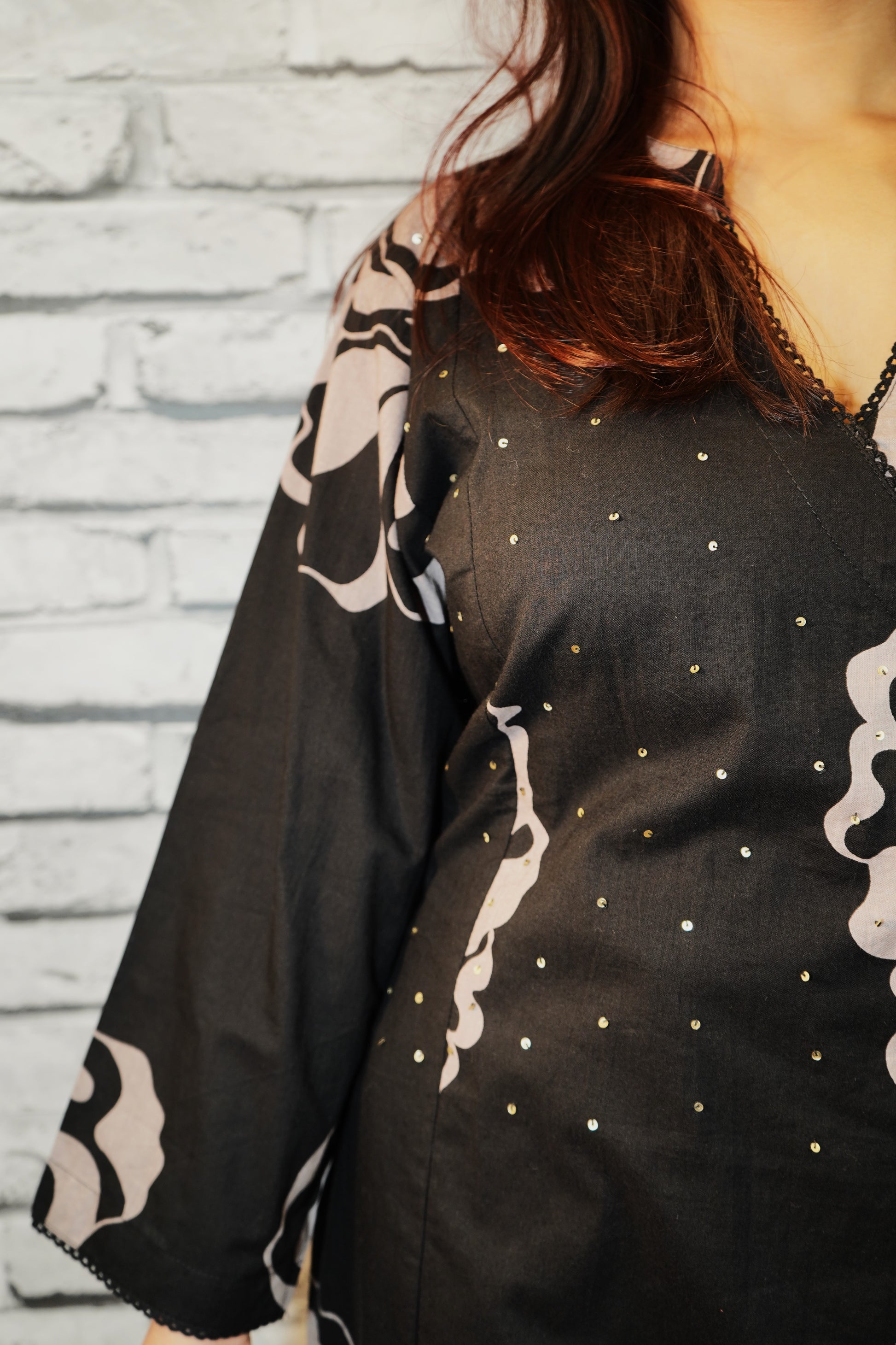 Black Cotton Printed One Piece Dress, Indo-Western Style